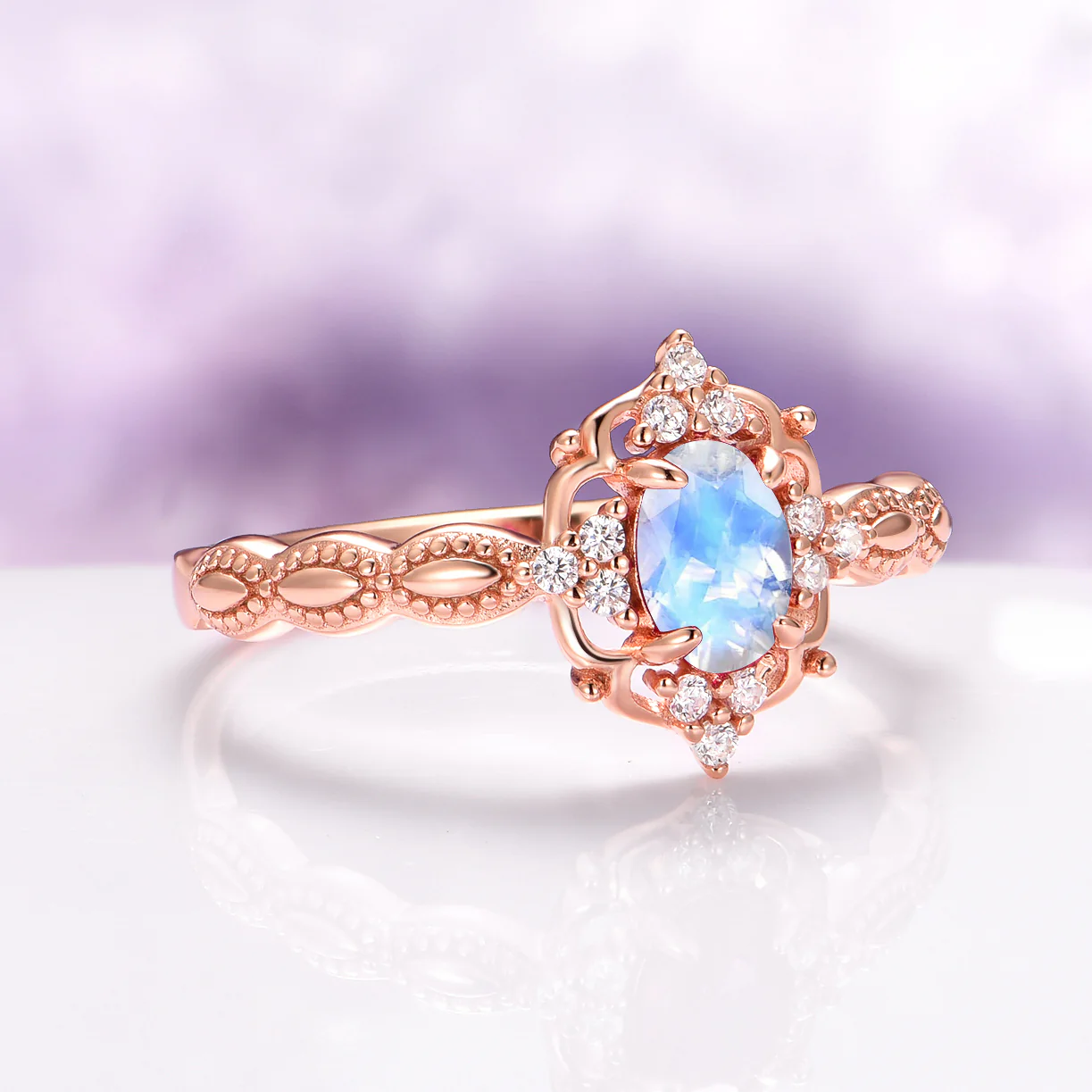 Vintage Natural Moonstone Engagement Ring in 14K Solid Rose Gold - Image 3