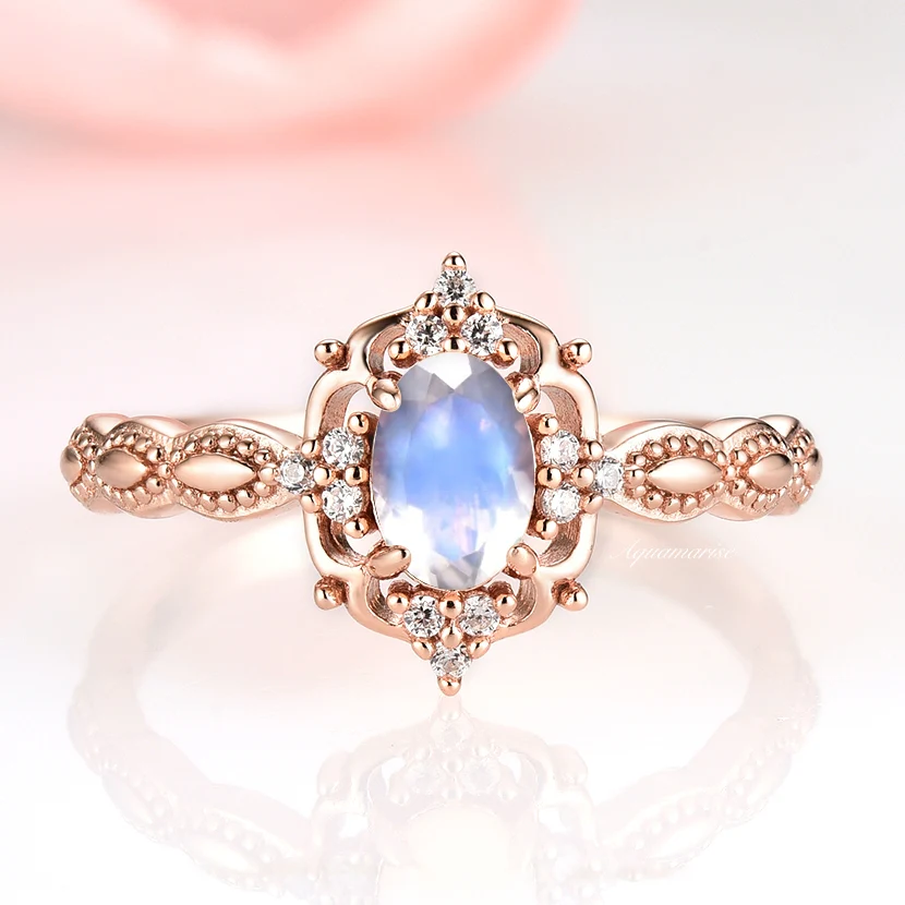 Vintage Natural Moonstone Engagement Ring in 14K Solid Rose Gold - Image 4