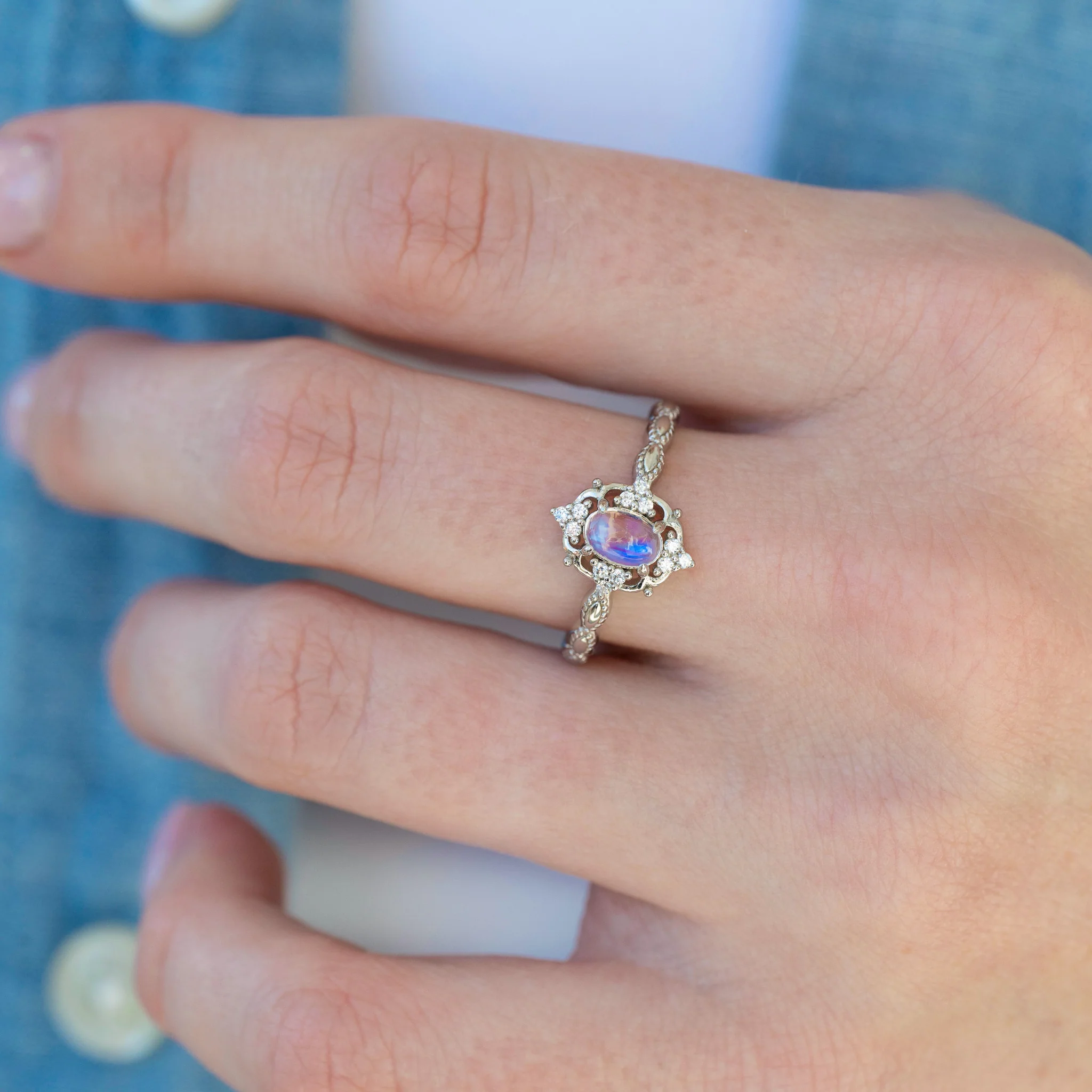 Rainbow Moonstone Engagement Ring in 14K White Gold - Image 2