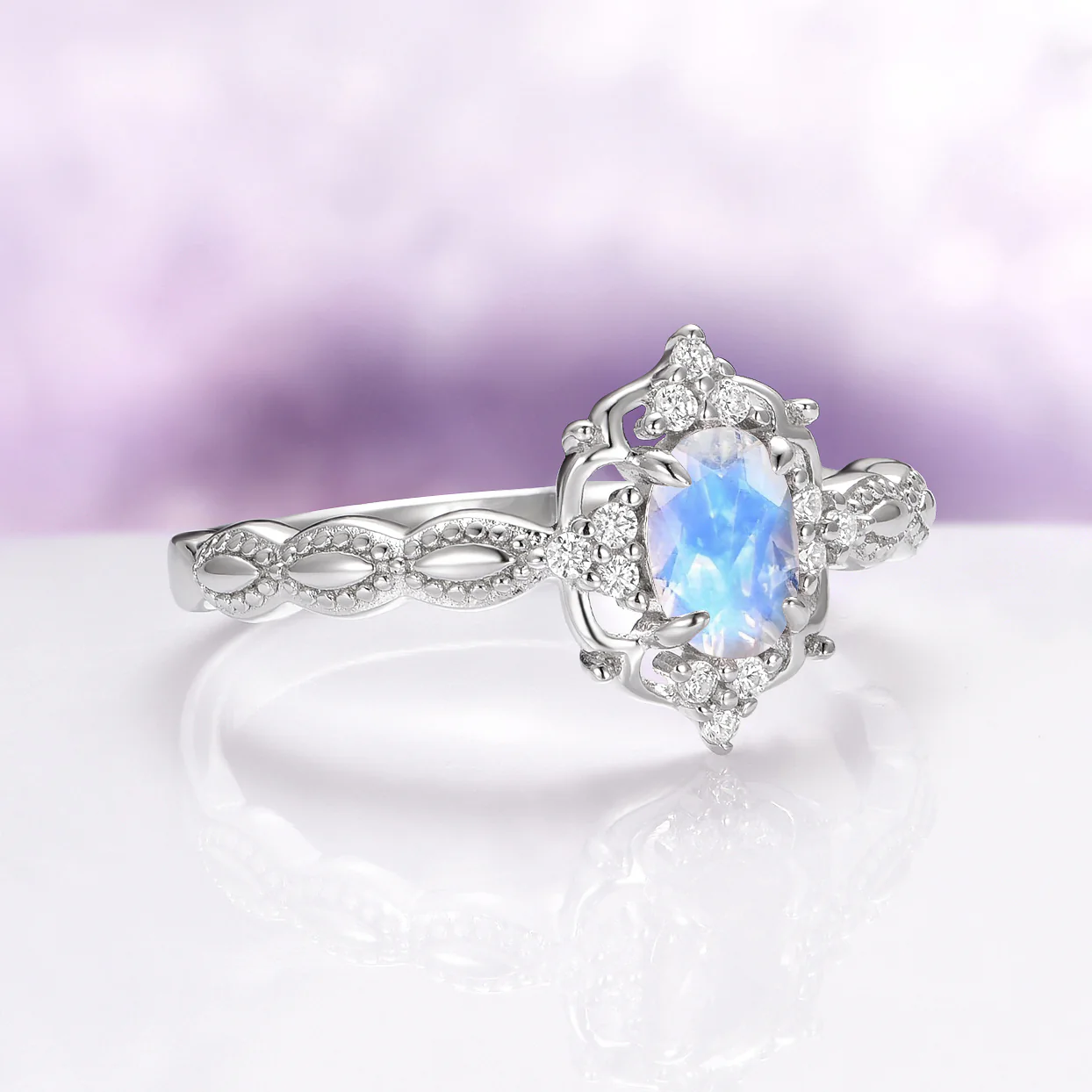 Rainbow Moonstone Engagement Ring in 14K White Gold - Image 3