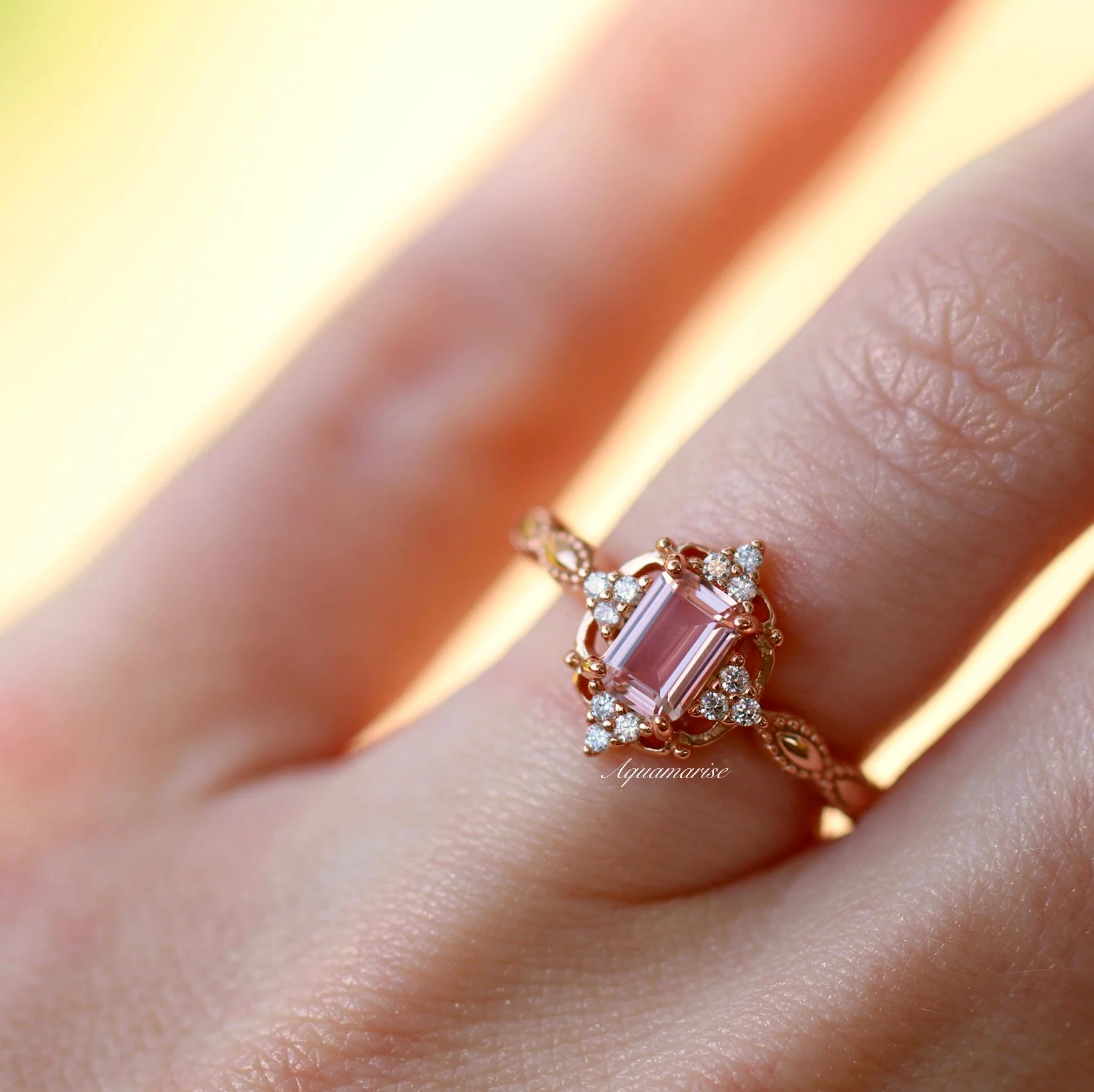 Vintage Morganite Engagement Ring in 14K Solid Rose Gold - Image 3
