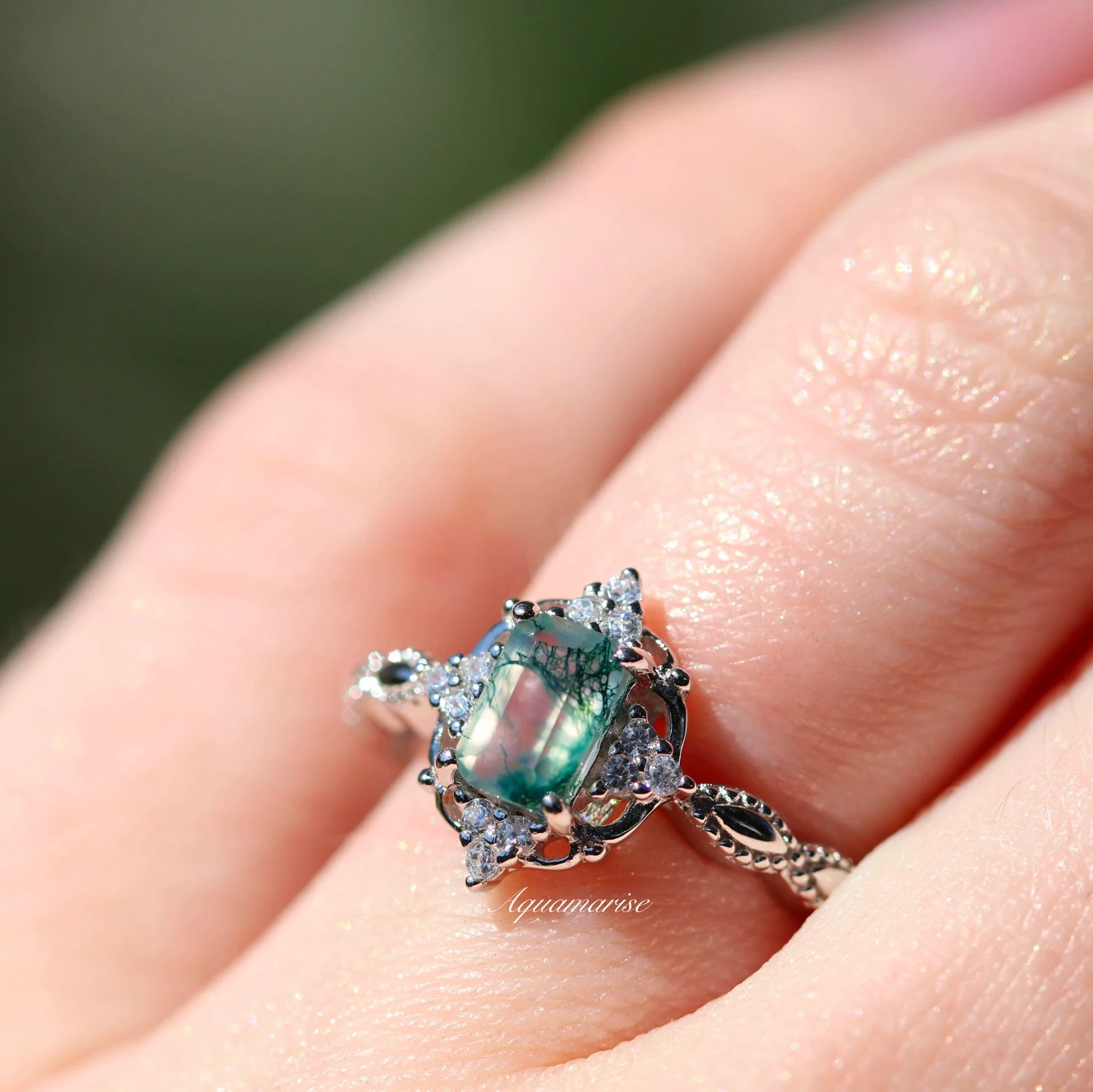 Green Moss Agate Engagement Ring in 14K White Gold - Image 5