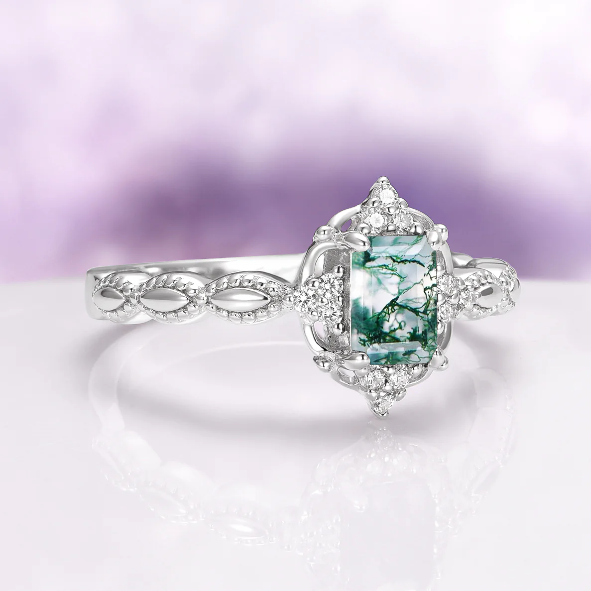Green Moss Agate Engagement Ring in 14K White Gold - Image 7