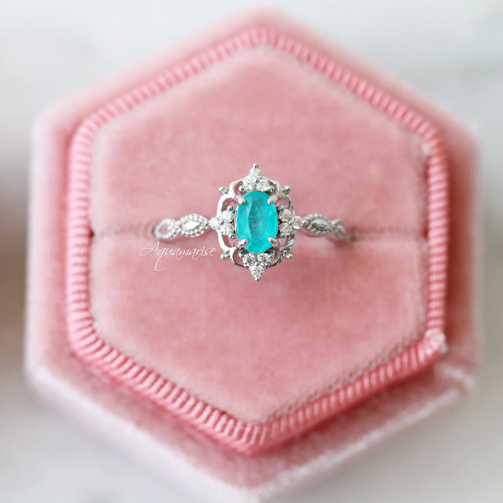 Vintage Paraiba Tourmaline Engagement Ring in 14K White Gold - Image 2