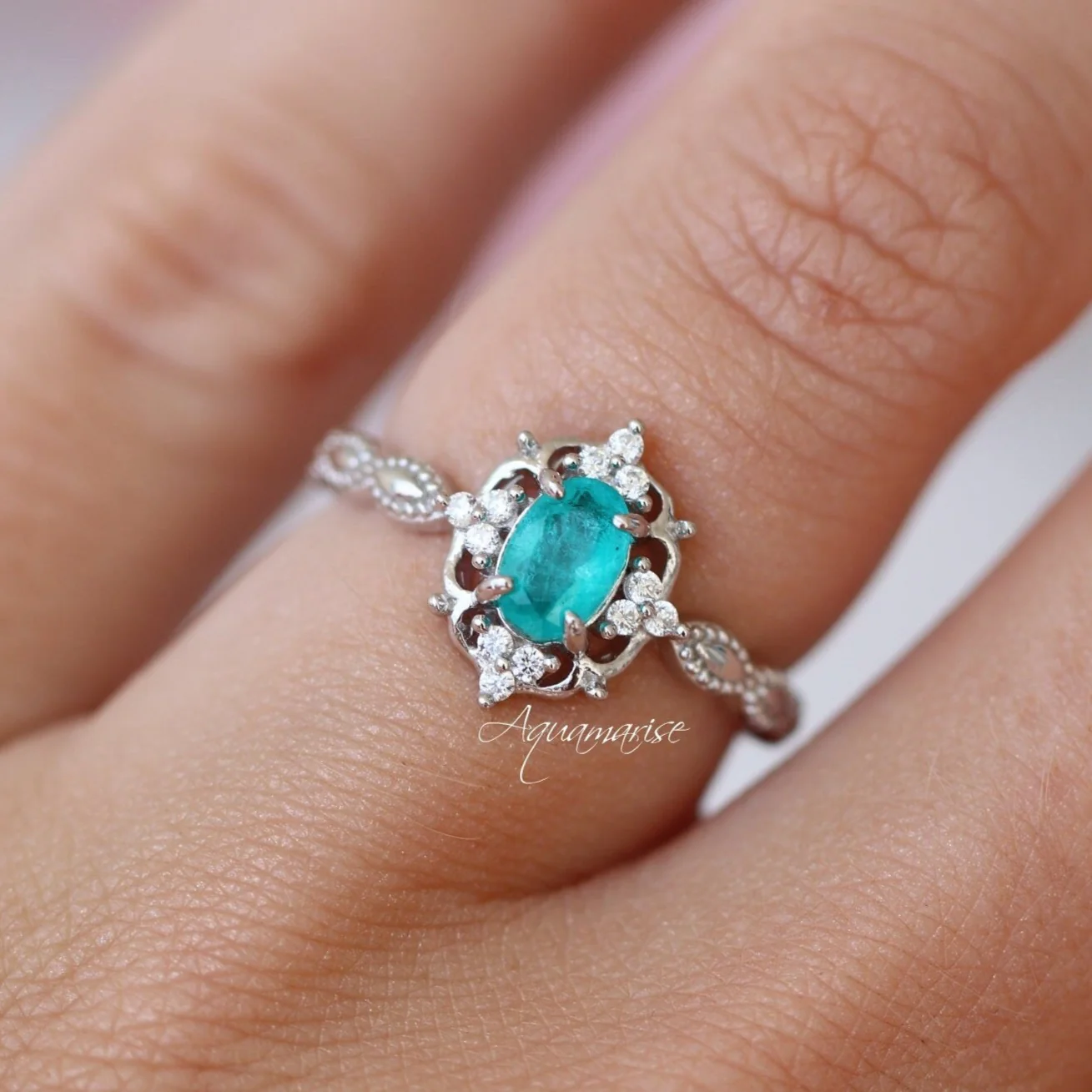 Vintage Paraiba Tourmaline Engagement Ring in 14K White Gold - Image 4
