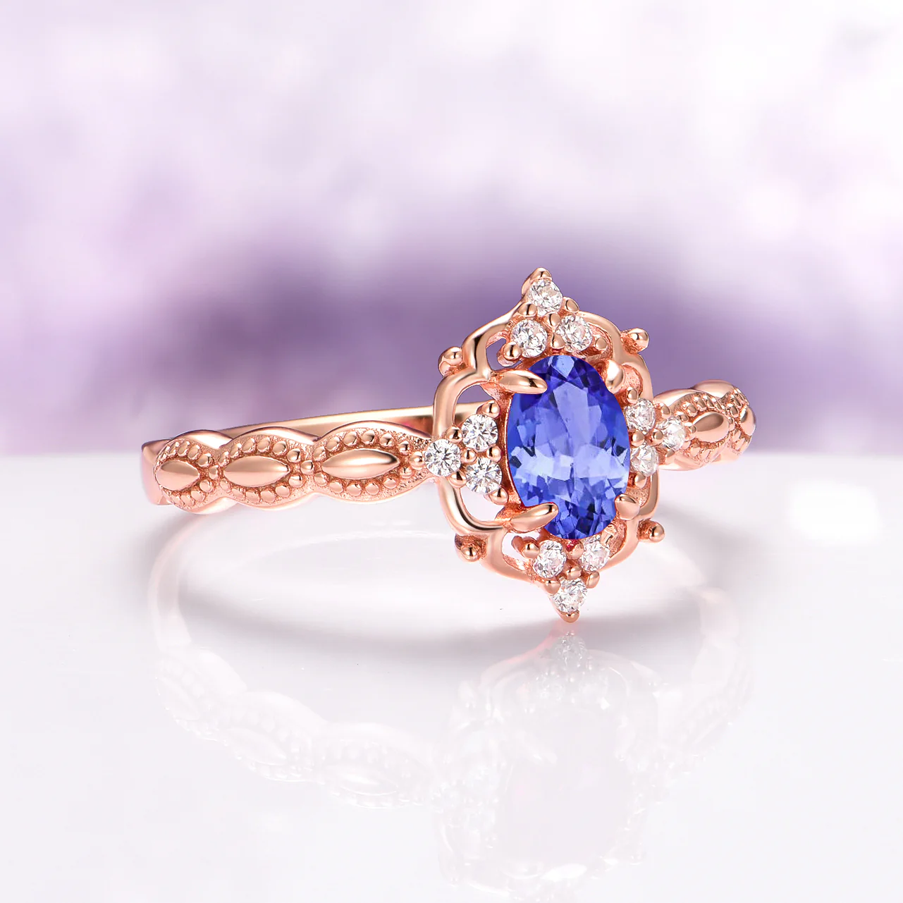 Vintage Natural Tanzanite Engagement Ring in 14K Solid Rose Gold - Image 2
