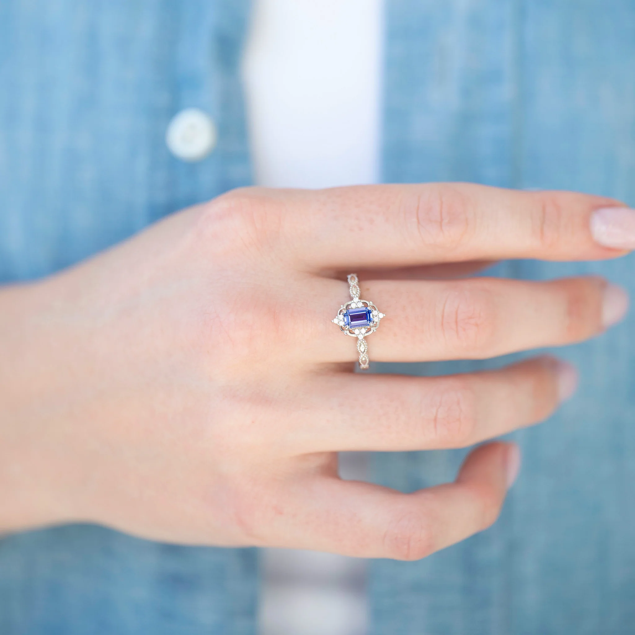 Natural Tanzanite Engagement Ring in 14K White Gold - Image 2