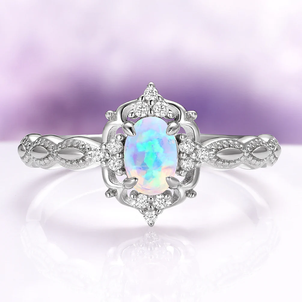 Vintage Australian Opal Engagement Ring in 14K White Gold