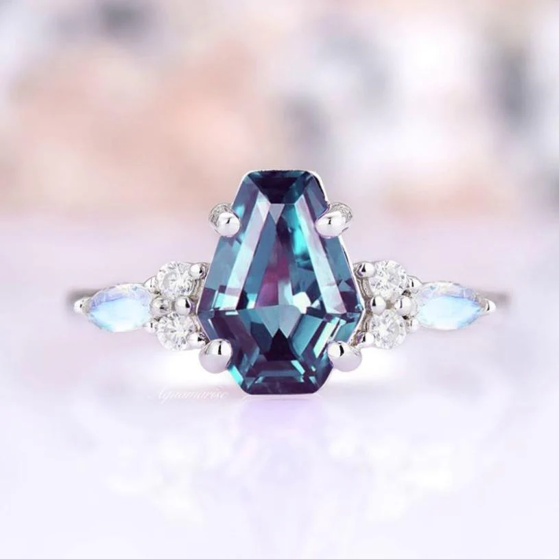 Coffin Cut Alexandrite & Moonstone Ring- 14K White Gold