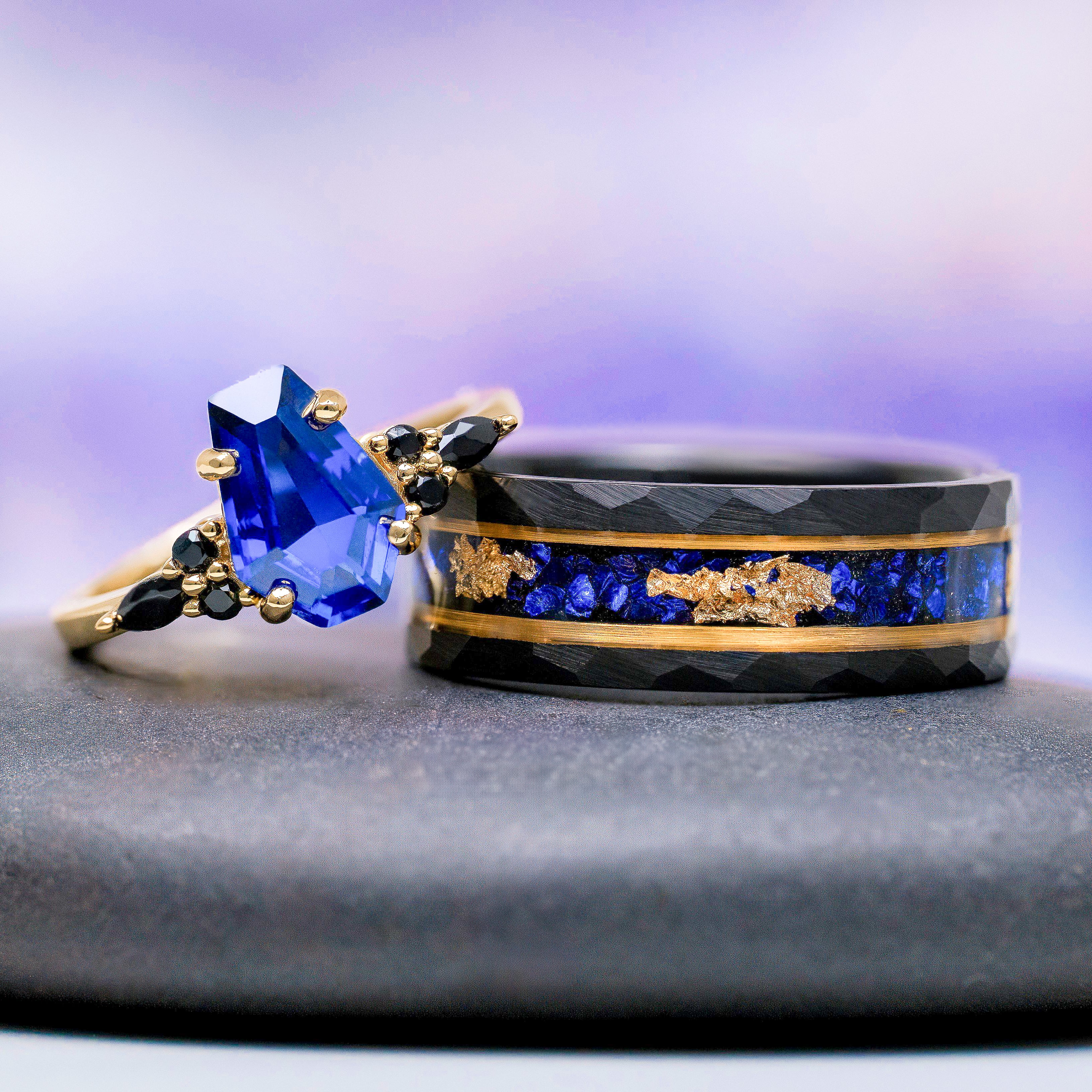 Coffin Cut Blue Sapphire and Gold Leaf Couples Ring Set