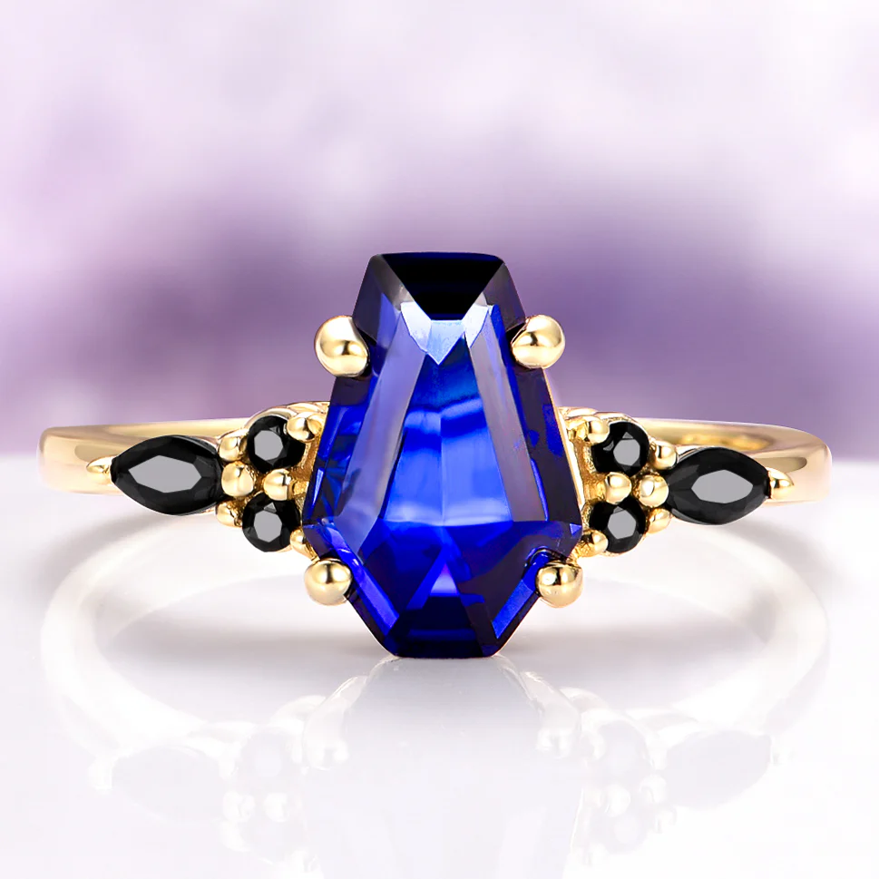 Coffin Cut Blue Sapphire and Gold Leaf Couples Ring Set - Image 2