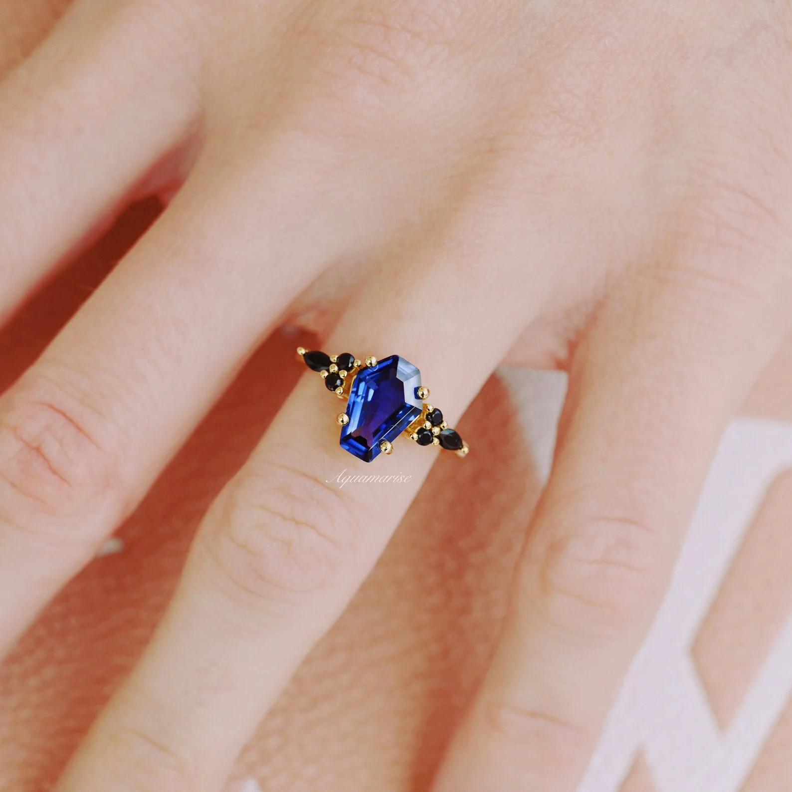 Coffin Cut Blue Sapphire and Gold Leaf Couples Ring Set - Image 4