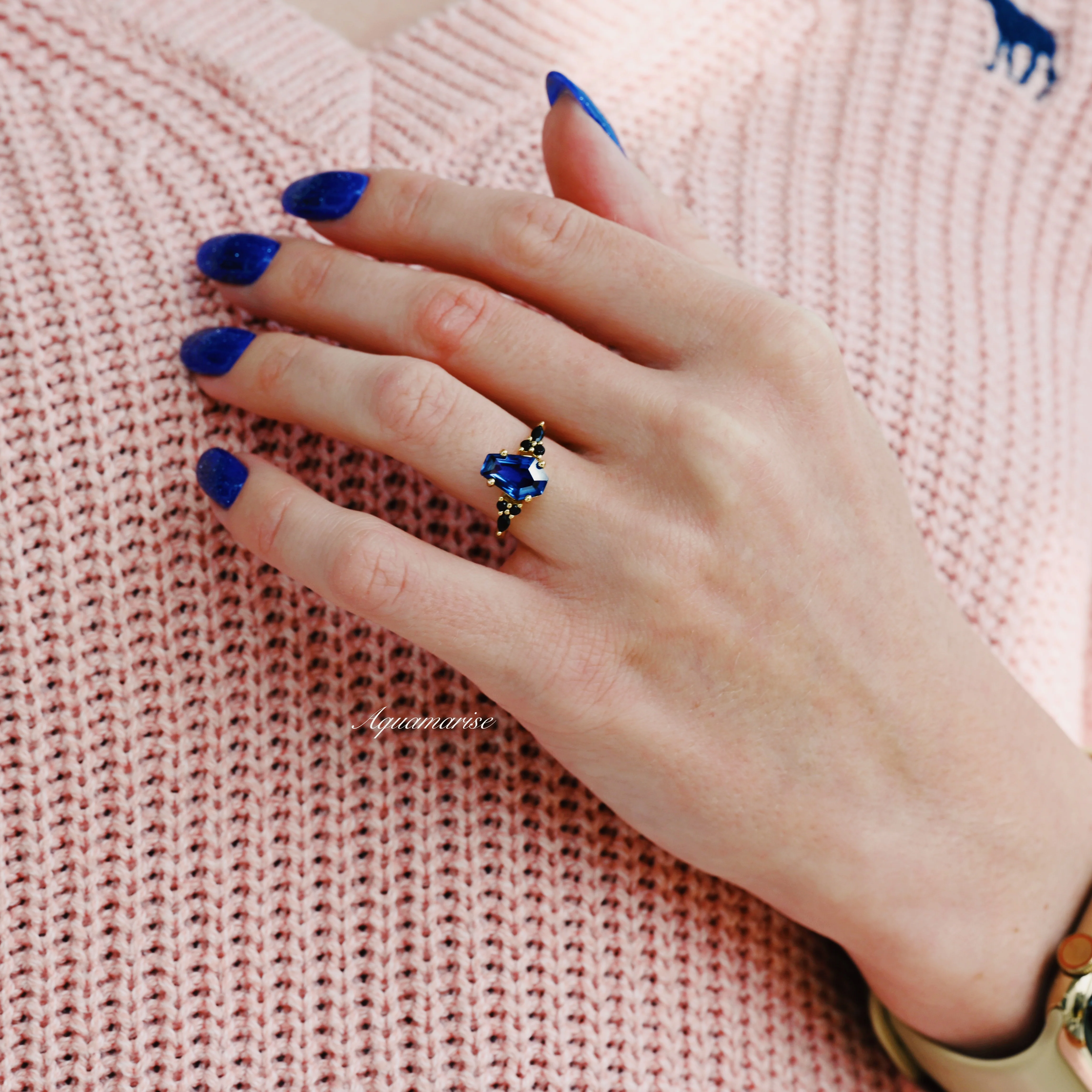 Coffin Cut Blue Sapphire and Gold Leaf Couples Ring Set - Image 5