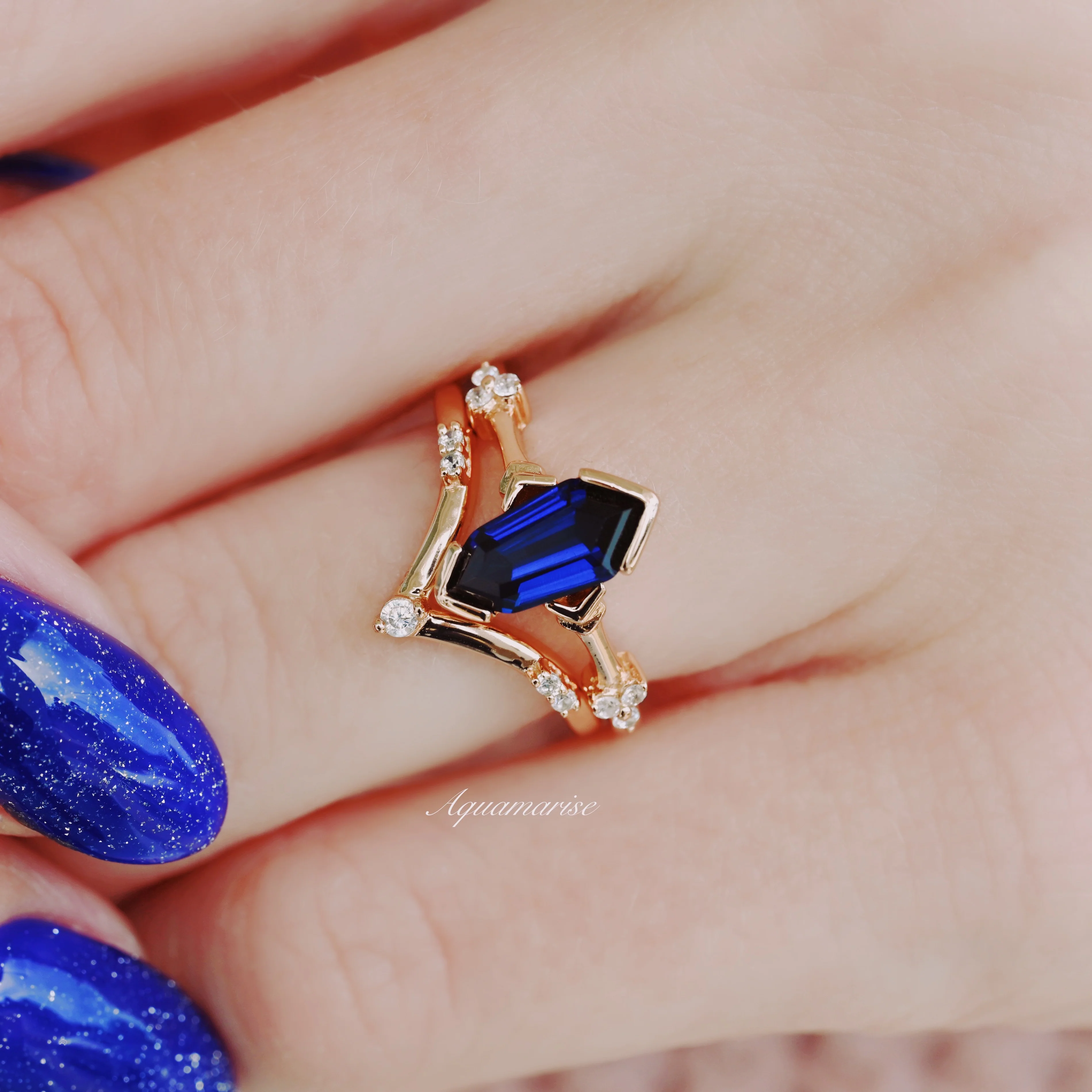 Midnight Blue Sapphire Ring Set in 14K Rose Gold Vermeil - Image 3