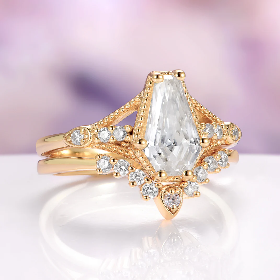 Coffin Cut Moissanite Bridal Set in Solid 14K Yellow Gold - Image 2