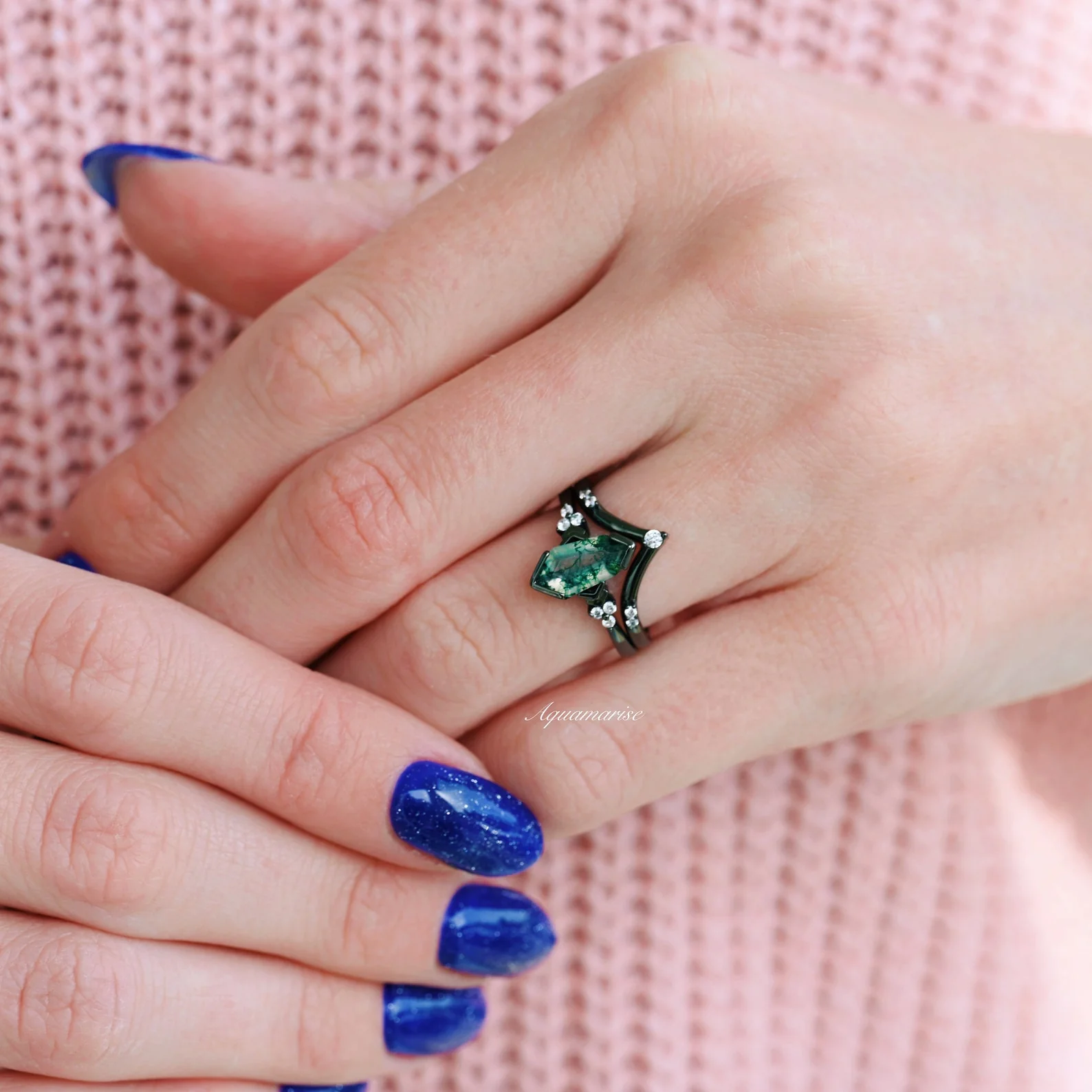 Hexagon Coffin Green Moss Agate Engagement Ring Set in Black Ruthenium - Image 3