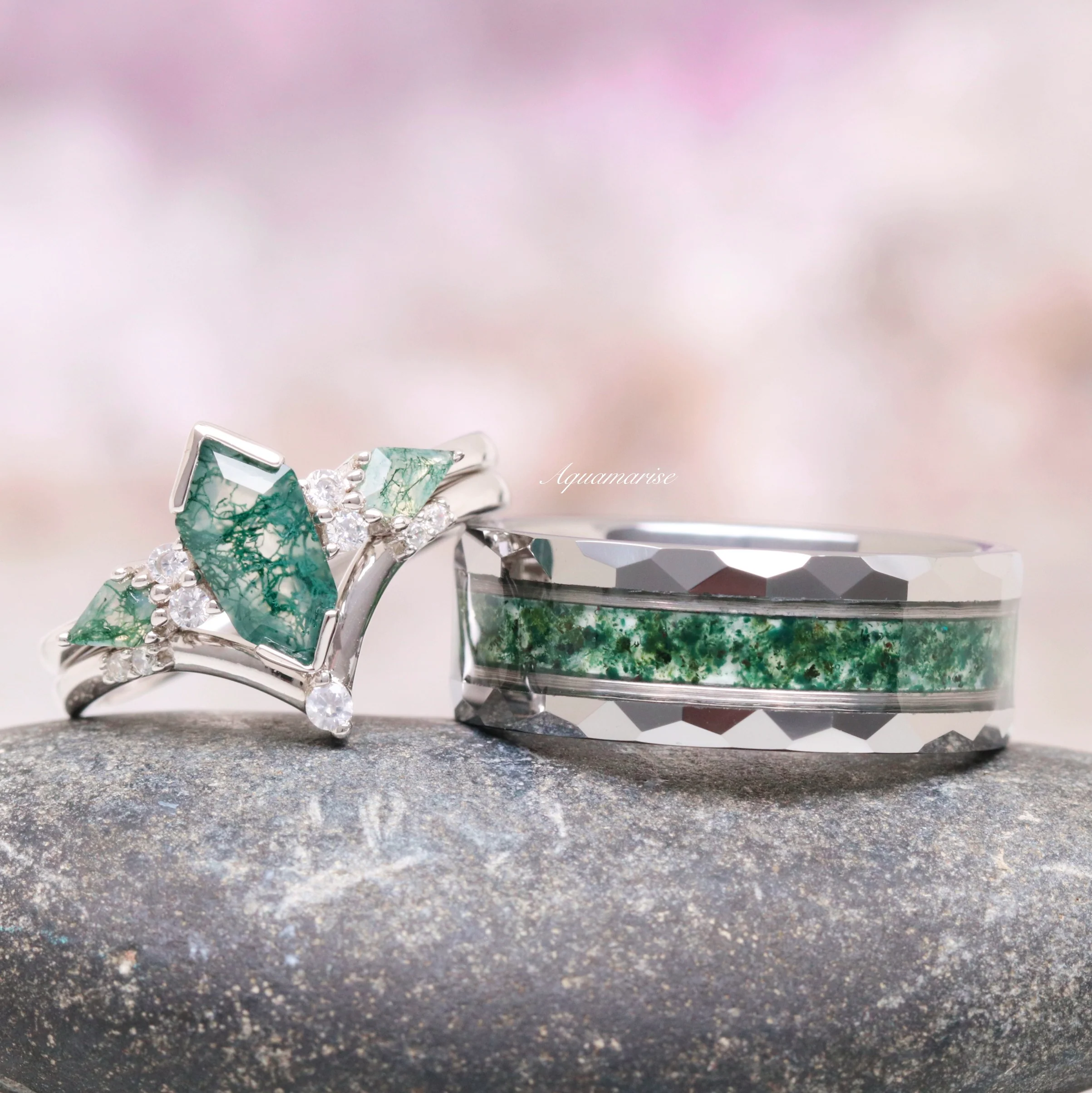 Hexagon Coffin Green Moss Agate Couples Ring Set