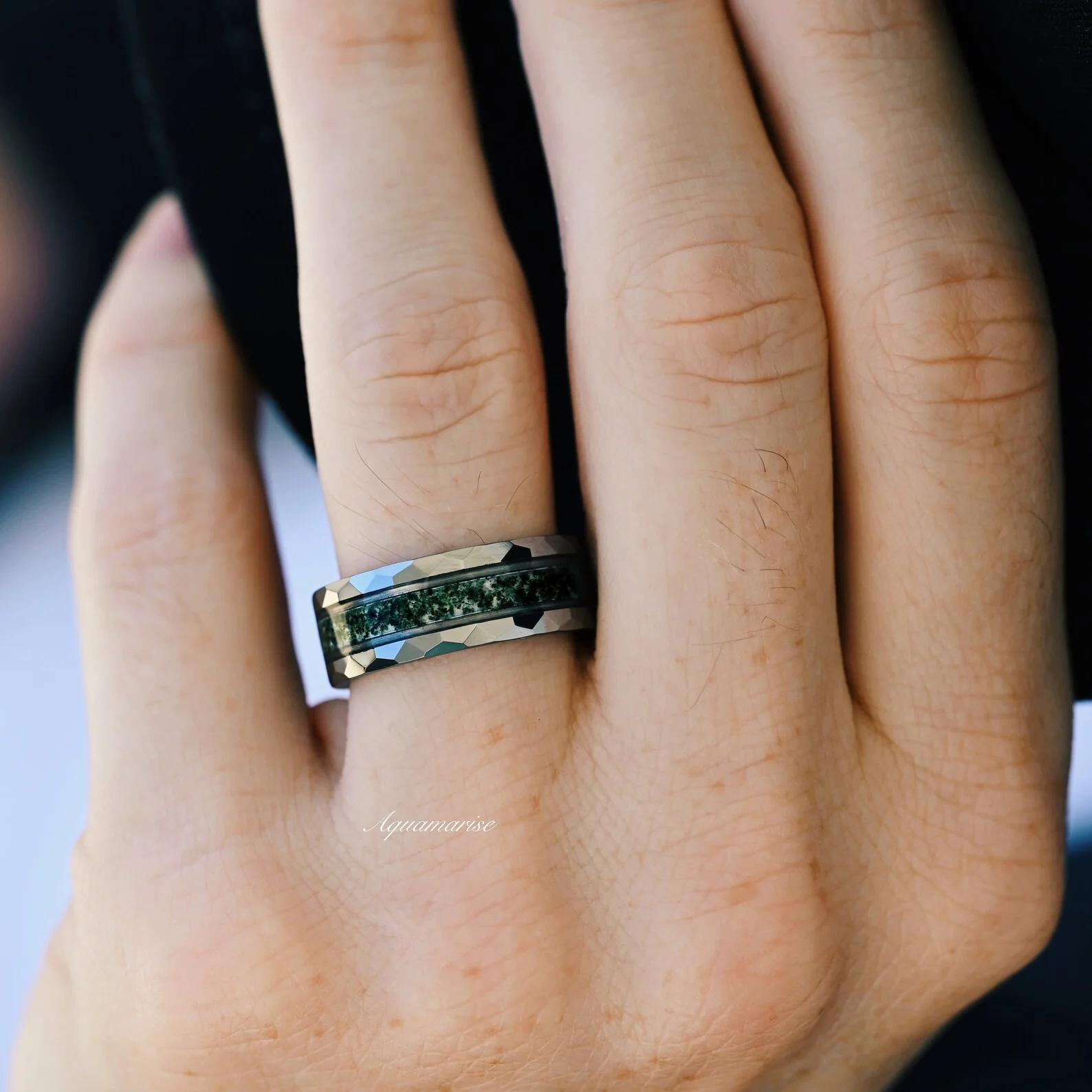 Hexagon Coffin Green Moss Agate Couples Ring Set - Image 4