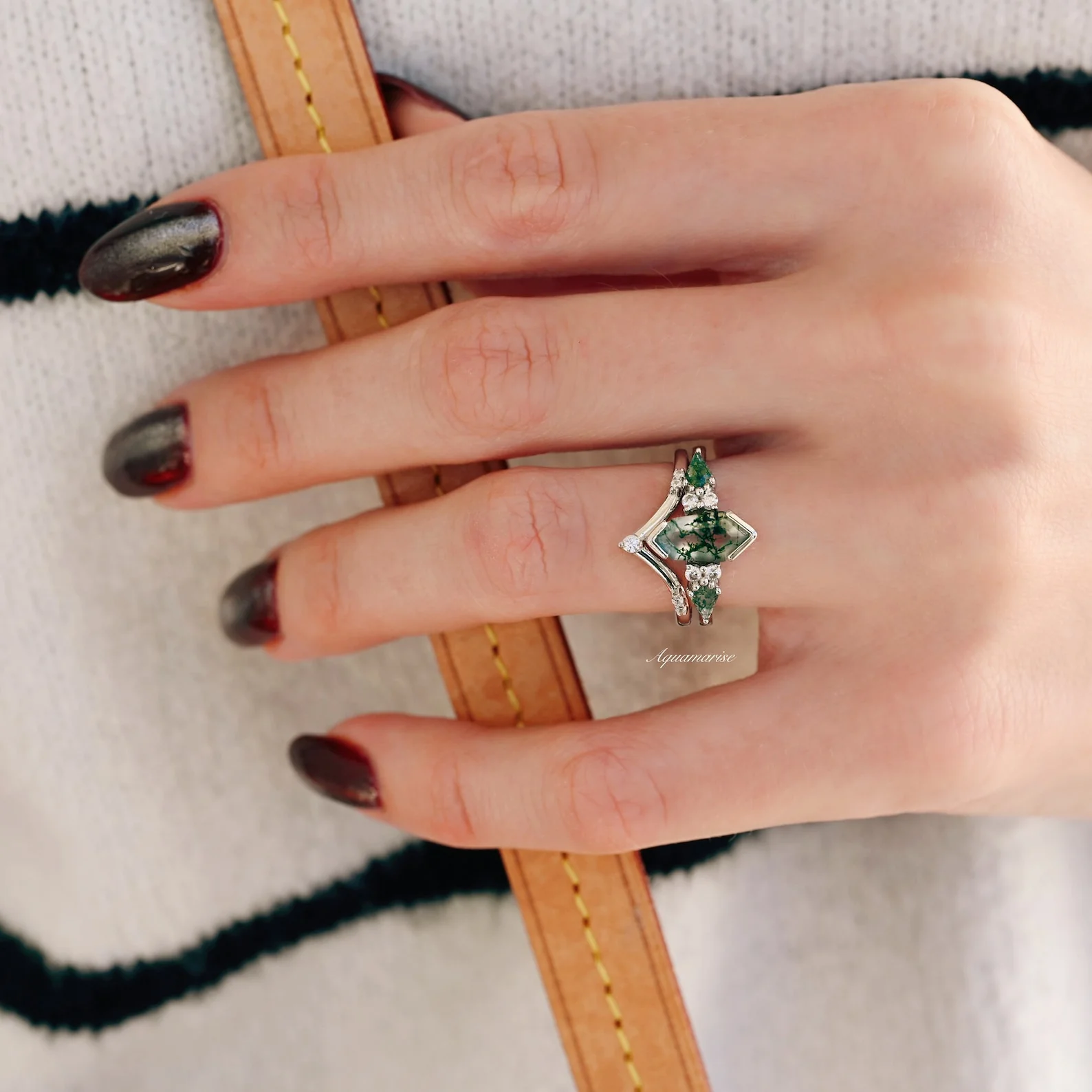 Hexagon Coffin Green Moss Agate Couples Ring Set - Image 7