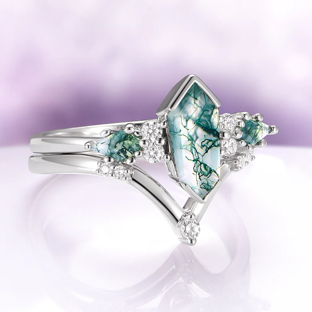 Hexagon Coffin Green Moss Agate Engagement Ring Set in 14K White Gold - Image 4