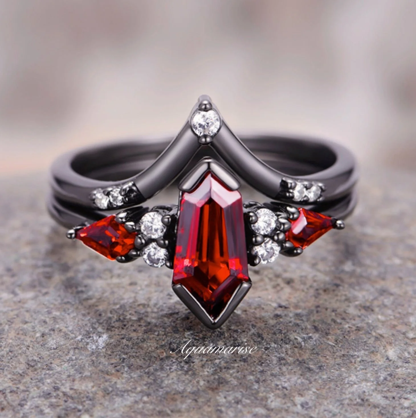 Coffin Kite Natural Red Garnet Ring Set- Black Rhodium Filled - Image 5