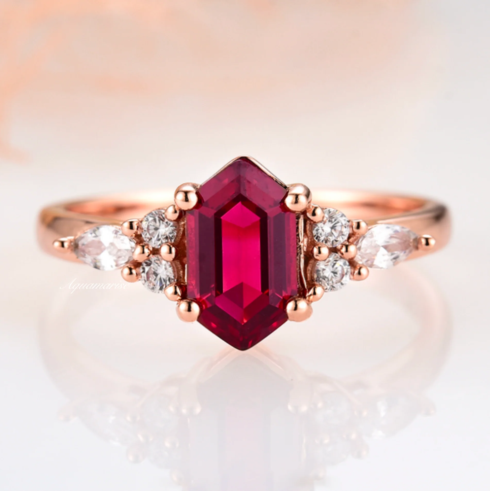 Sonnet Hexagon Ruby Ring- 14K Rose Gold Vermeil - Image 6
