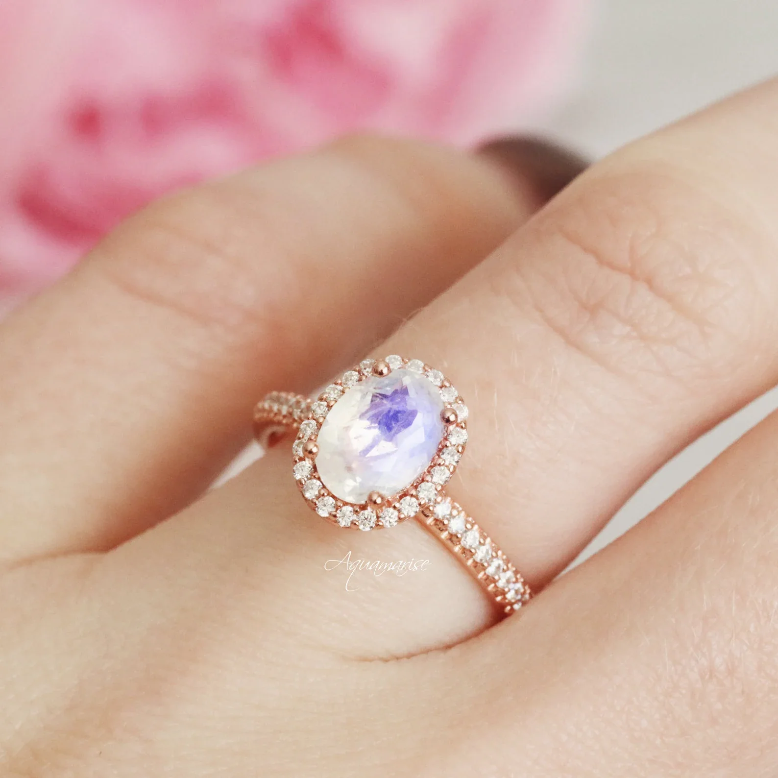 Iris Moonstone Engagement Ring in 14K Solid Rose Gold - Image 2