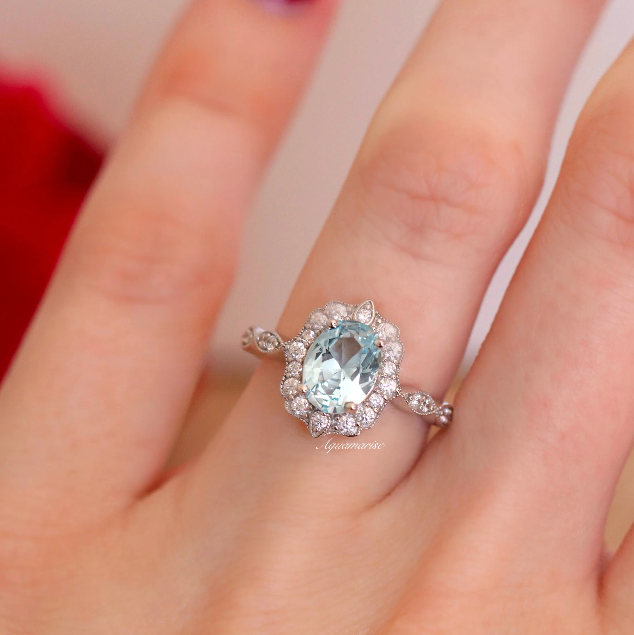Cordelia Oval Cut Aquamarine Engagement Ring in 14K White Gold - Image 3