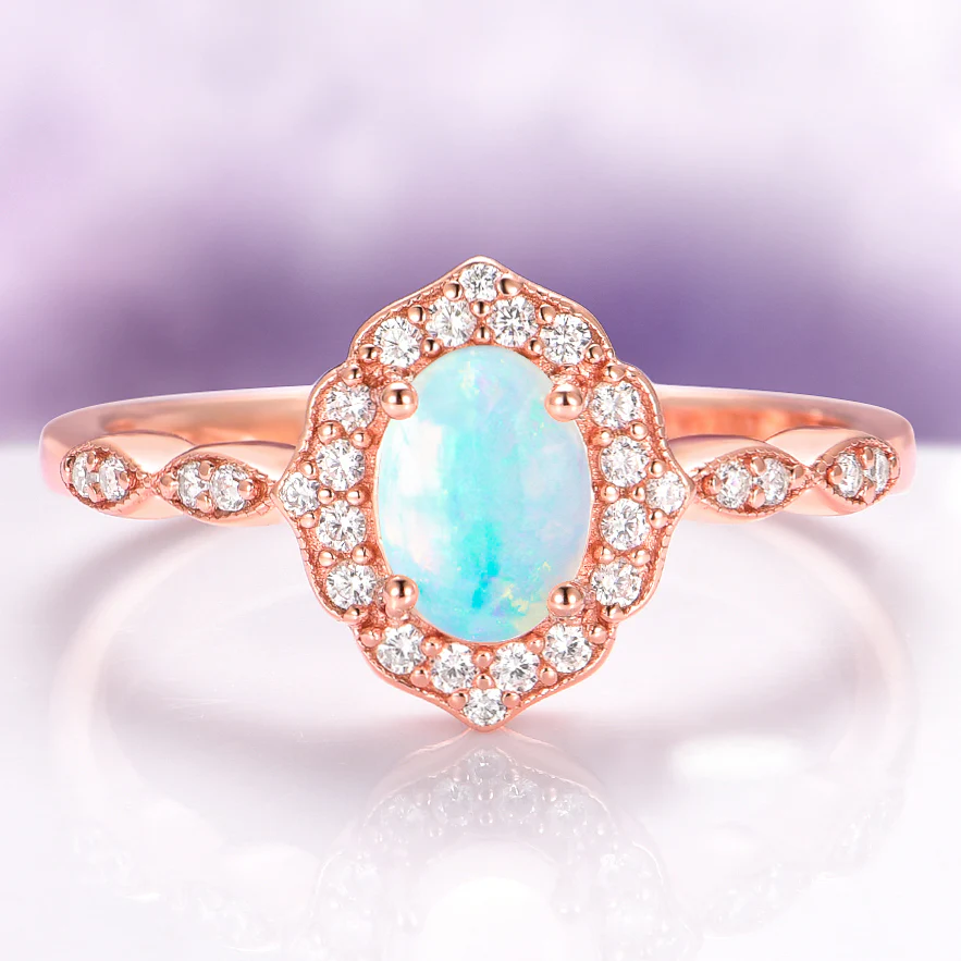 Cordelia Oval Cut Australian Opal Engagement Ring in 14K Solid Rose Gold
