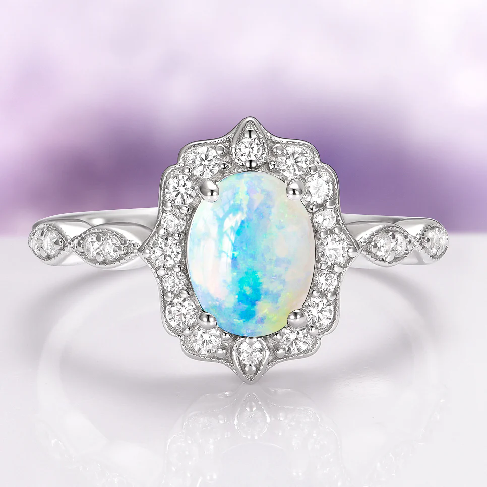 Cordelia Oval Cut Australian Opal Engagement Ring in 14K White Gold