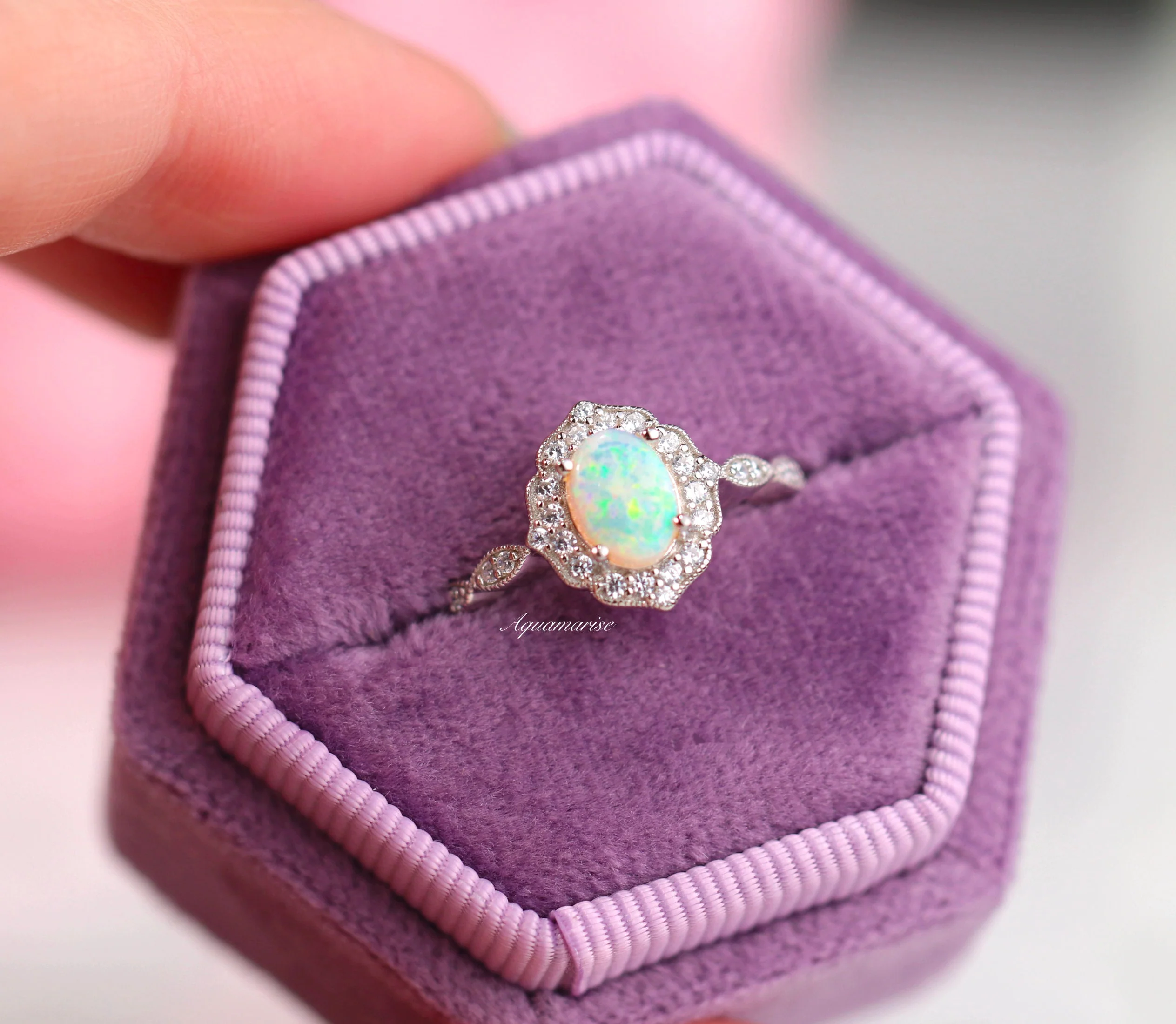 Cordelia Oval Cut Australian Opal Engagement Ring in 14K White Gold - Image 2