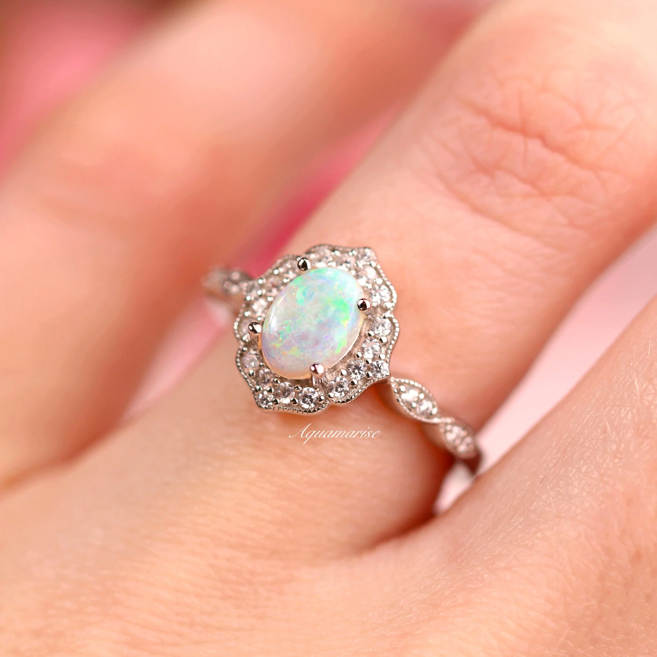 Cordelia Oval Cut Australian Opal Engagement Ring in 14K White Gold - Image 3