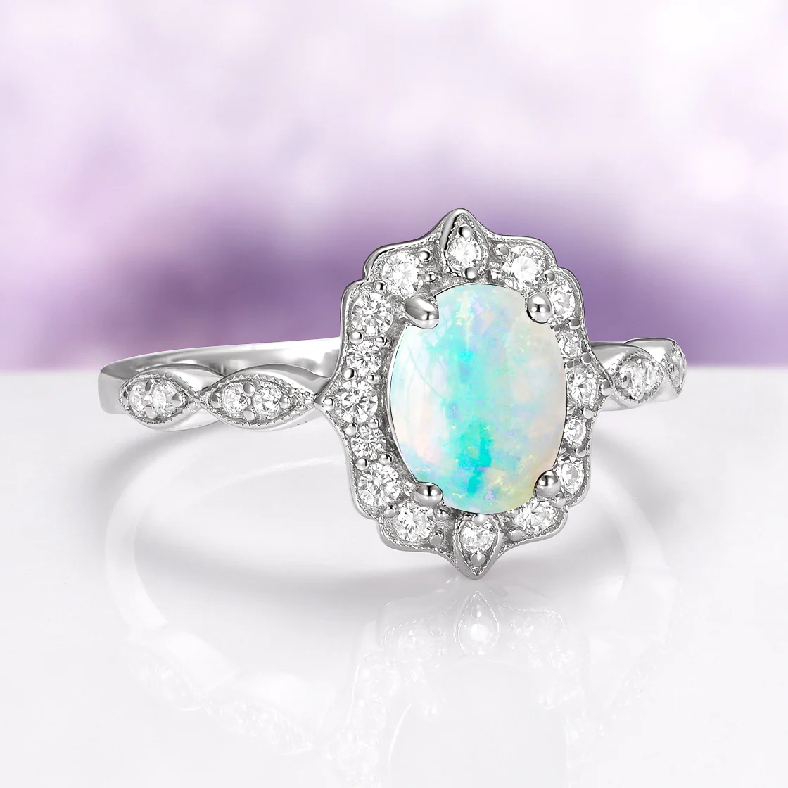 Cordelia Oval Cut Australian Opal Engagement Ring in 14K White Gold - Image 4