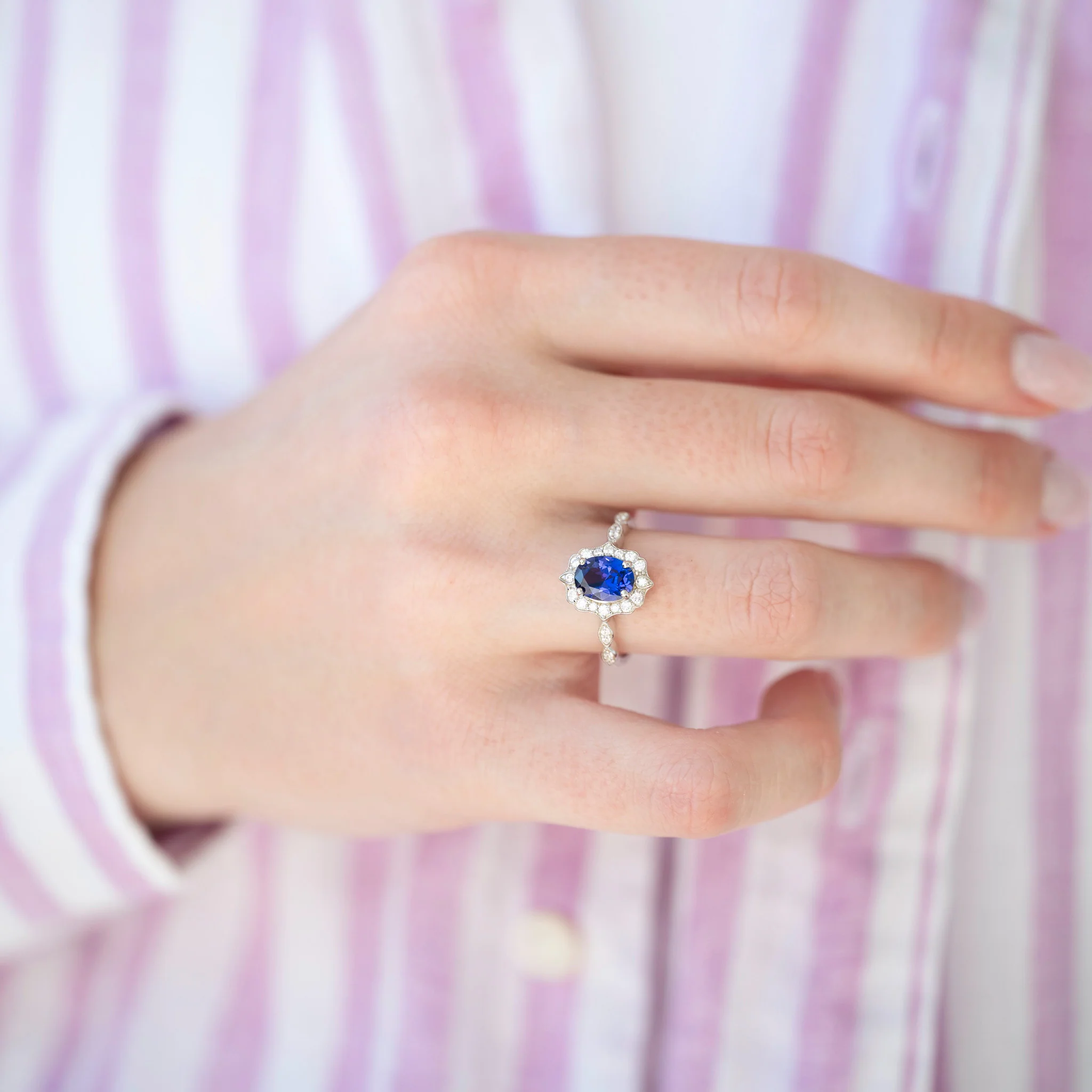 Cordelia Oval Cut Blue Sapphire Engagement Ring in 14K White Gold - Image 2