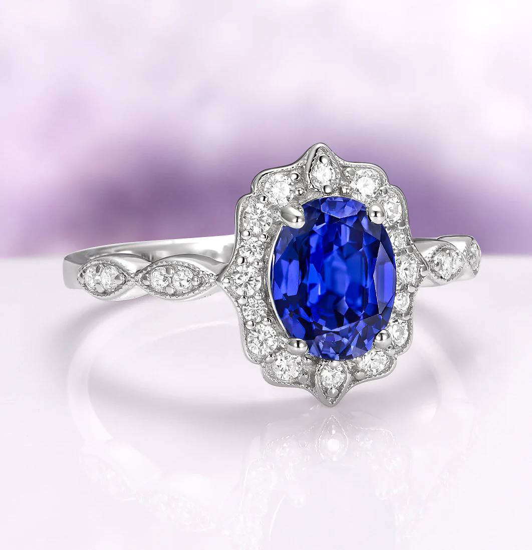 Cordelia Oval Cut Blue Sapphire Engagement Ring in 14K White Gold - Image 4