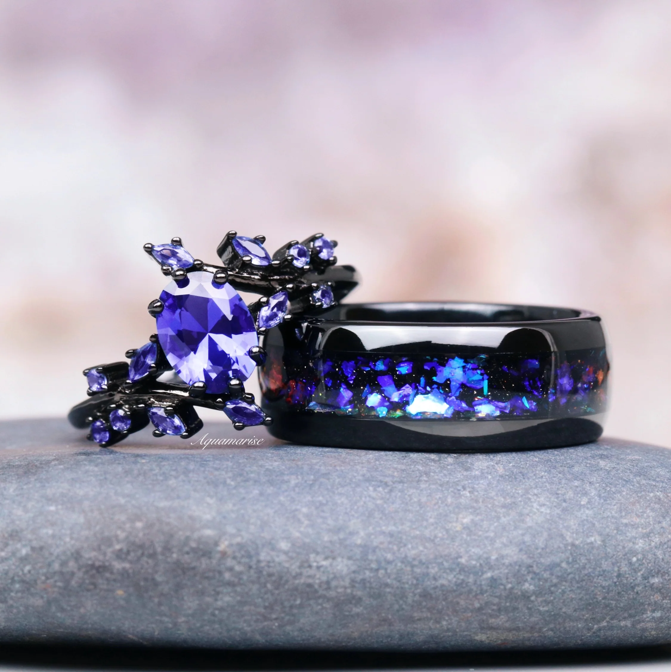 Cornflower Blue Sapphire Leaf Engagement Ring in Black Ruthenium - Image 2