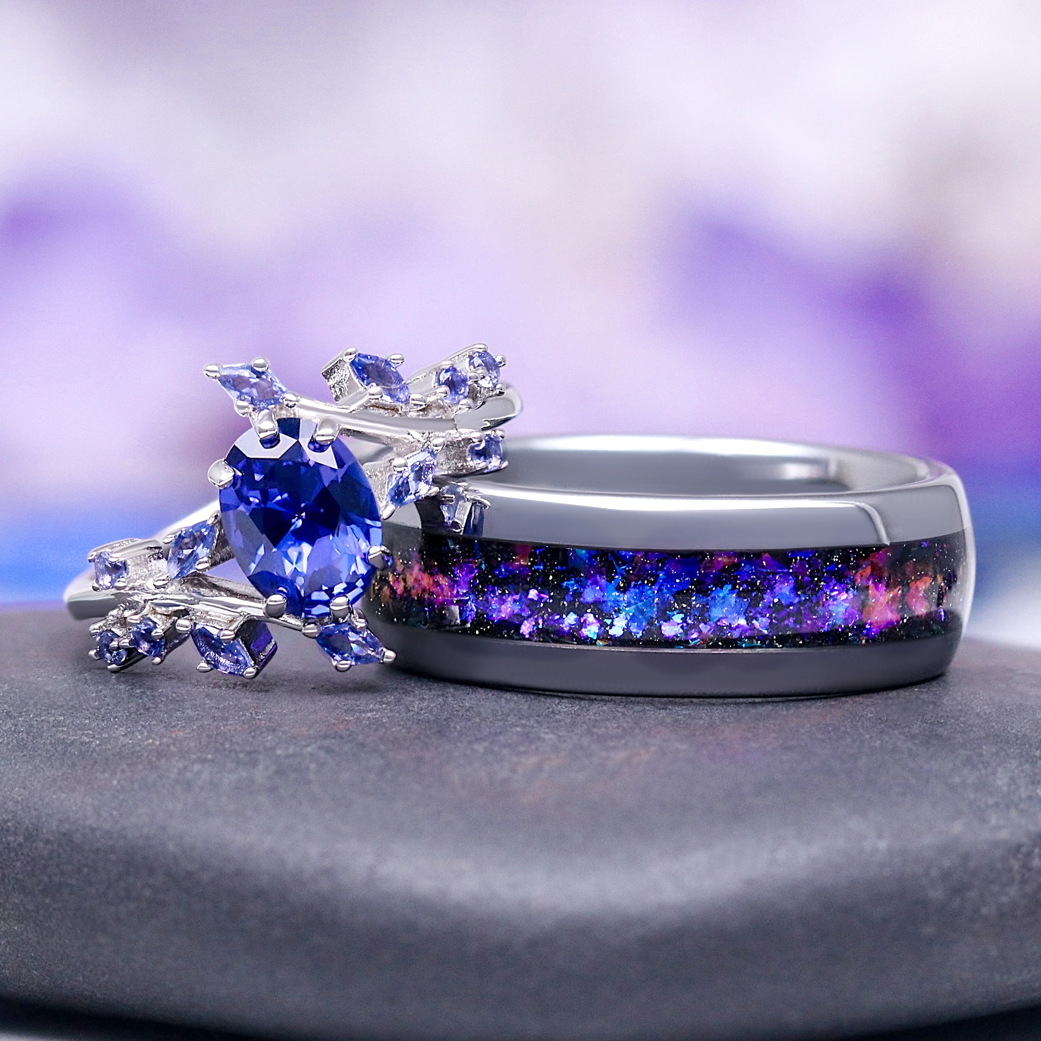 Galaxy Orion Nebulaâ„¢ & Sapphire Couples Ring Set
