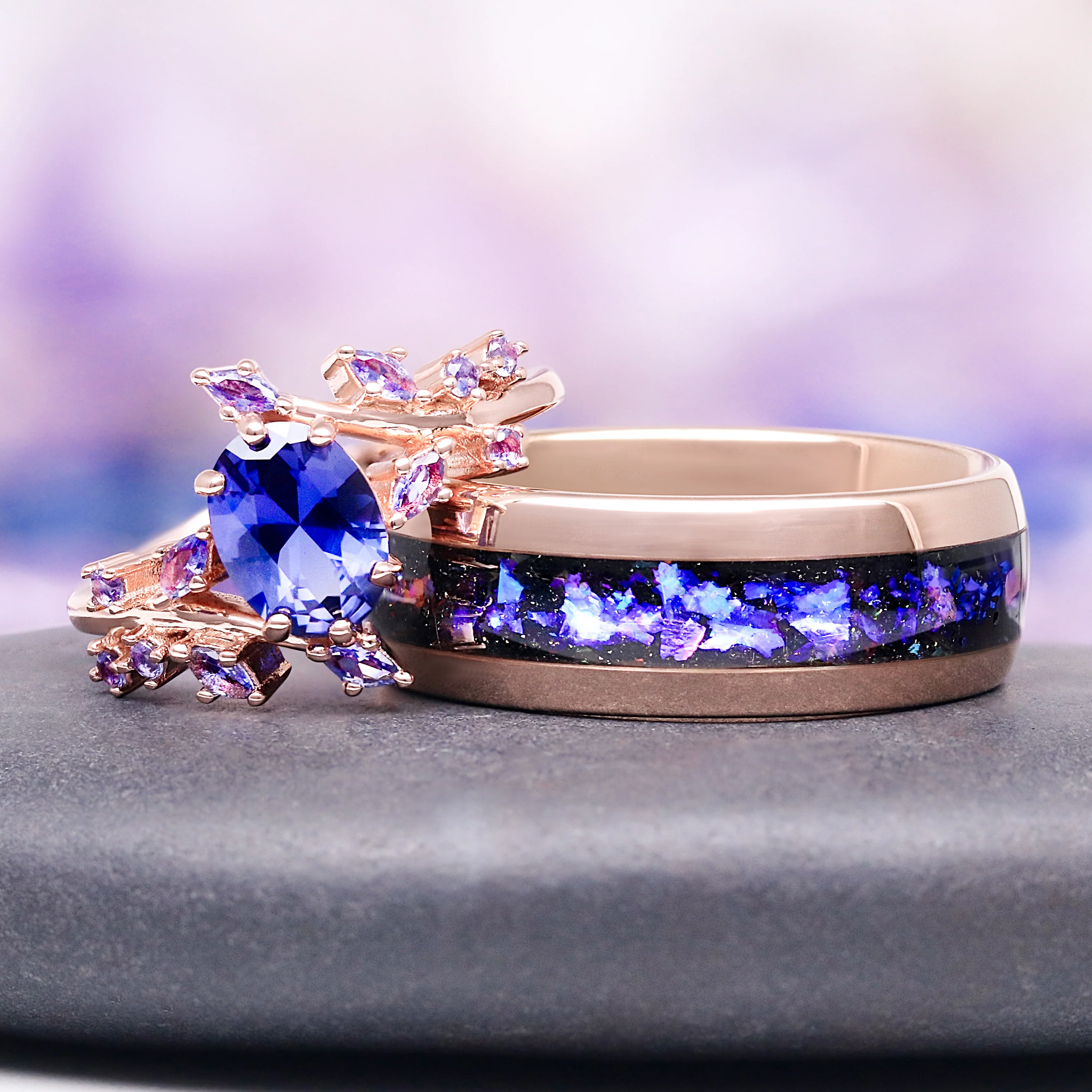 Lab-Grown Oval Cut Cornflower Sapphire Leaf Engagement Ring in 14K Solid Rose Gold - Image 2