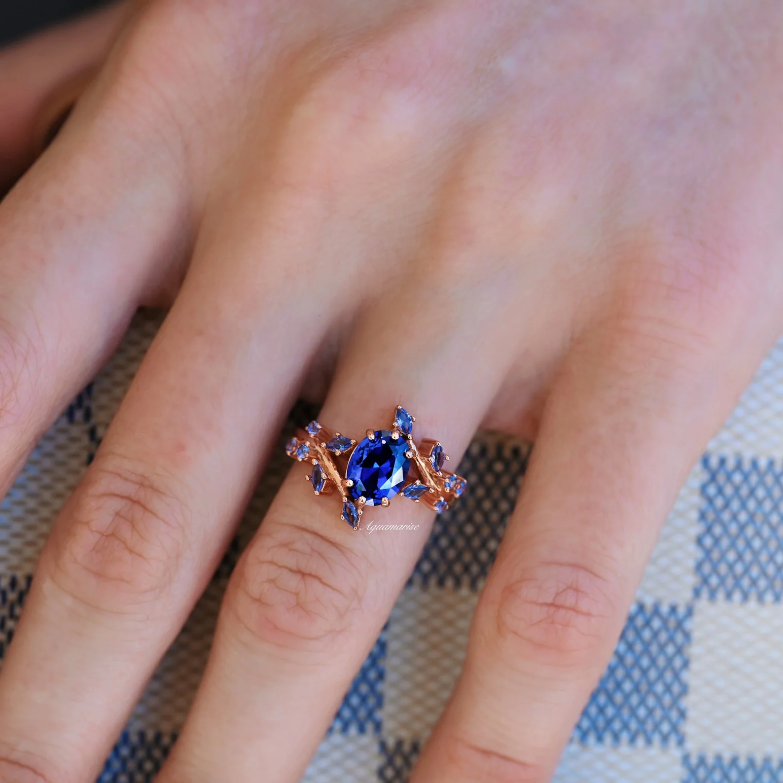 Lab-Grown Oval Cut Cornflower Sapphire Leaf Engagement Ring in 14K Solid Rose Gold - Image 3