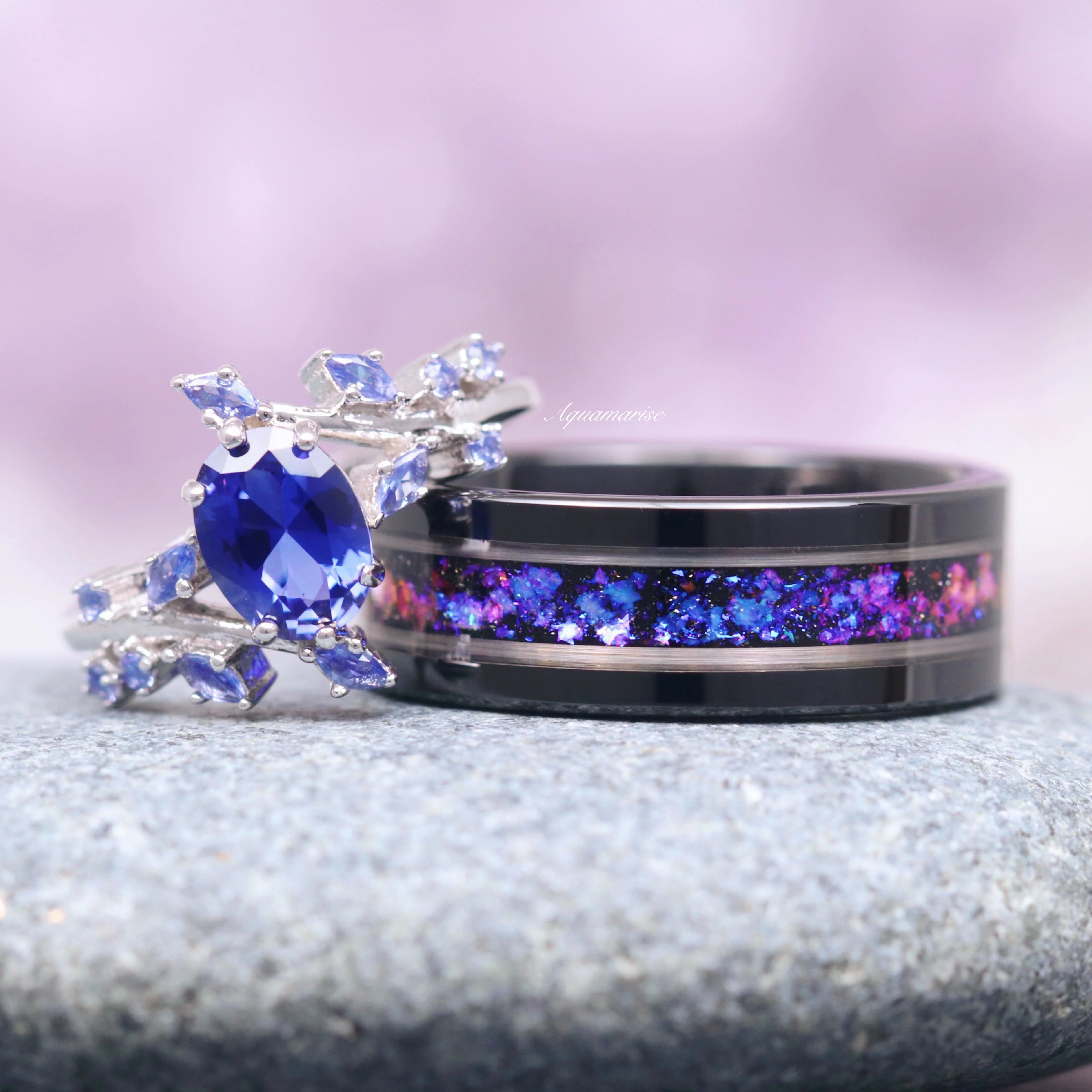 Lab-Grown Oval Cut Cornflower Sapphire Leaf Engagement Ring in 14K White Gold - Image 3