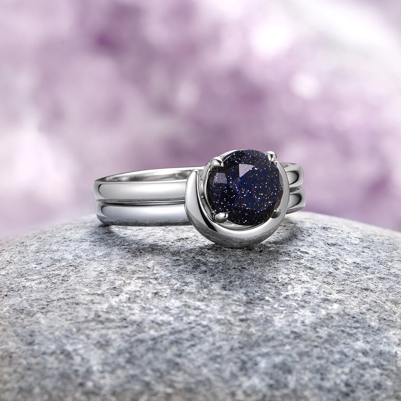 Starry Night Crescent Moon Couples Ring Set - Image 8