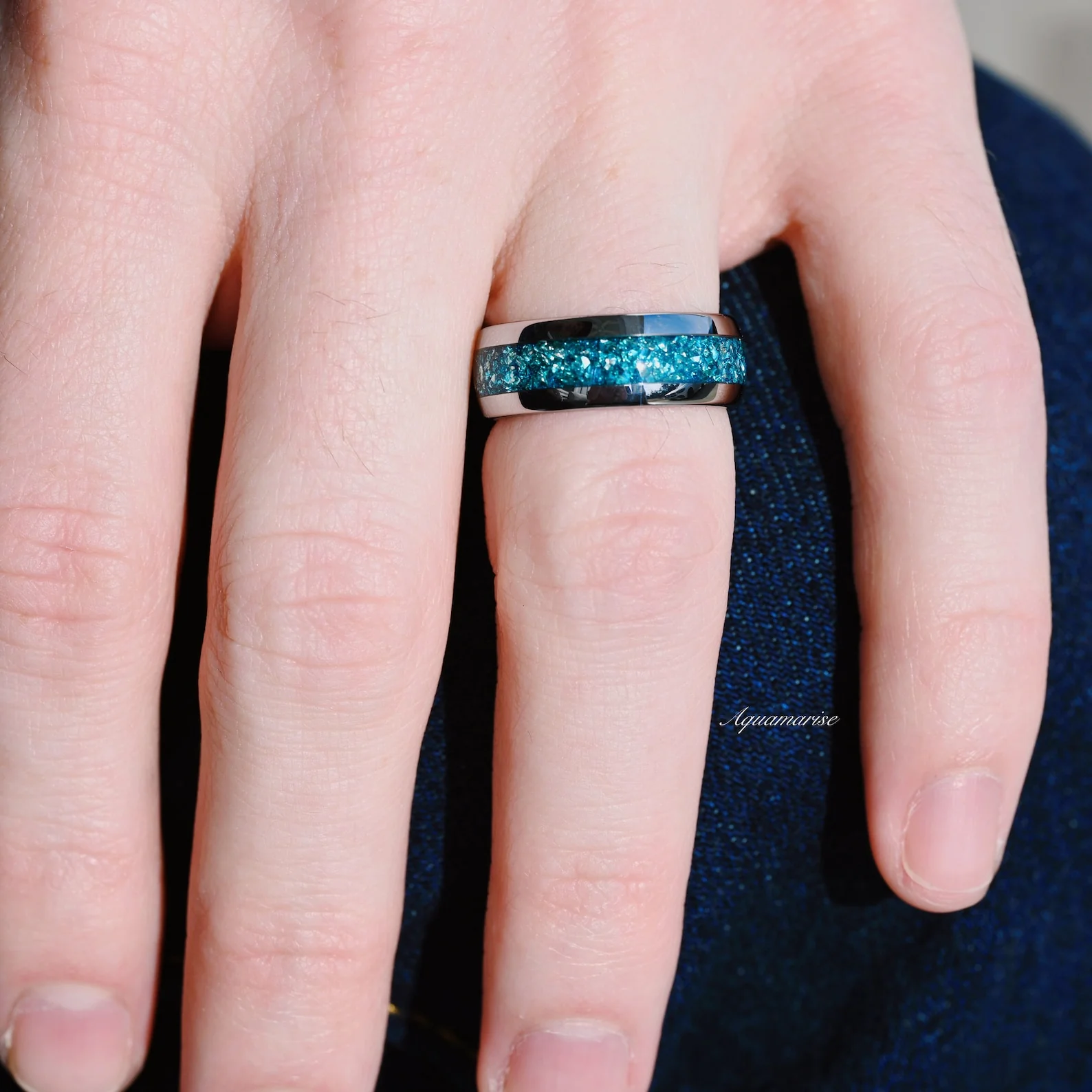 Aquamarine Wedding Band- 8MM Tungsten - Image 2