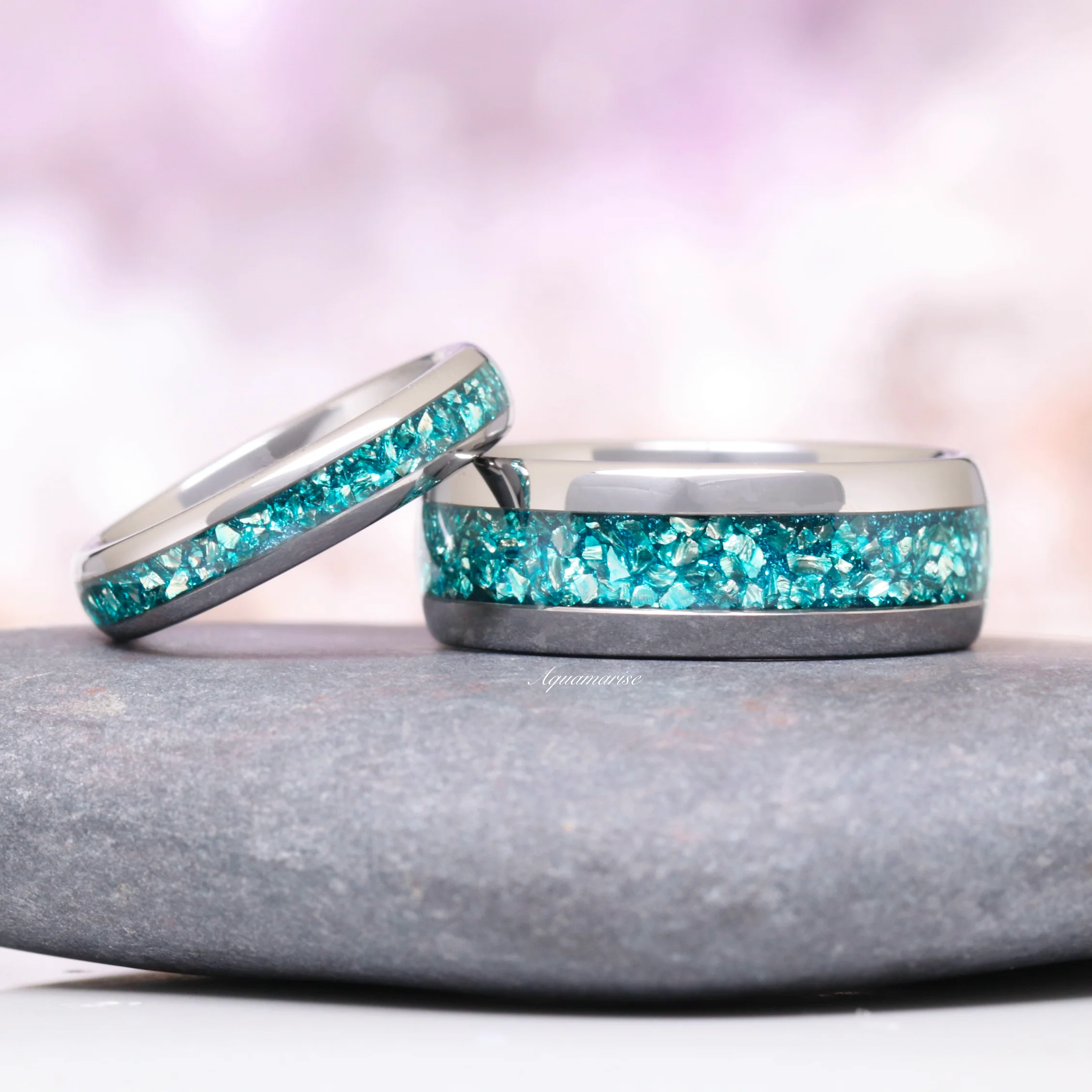 Crushed Aquamarine Wedding Band- 4MM Tungsten - Image 3