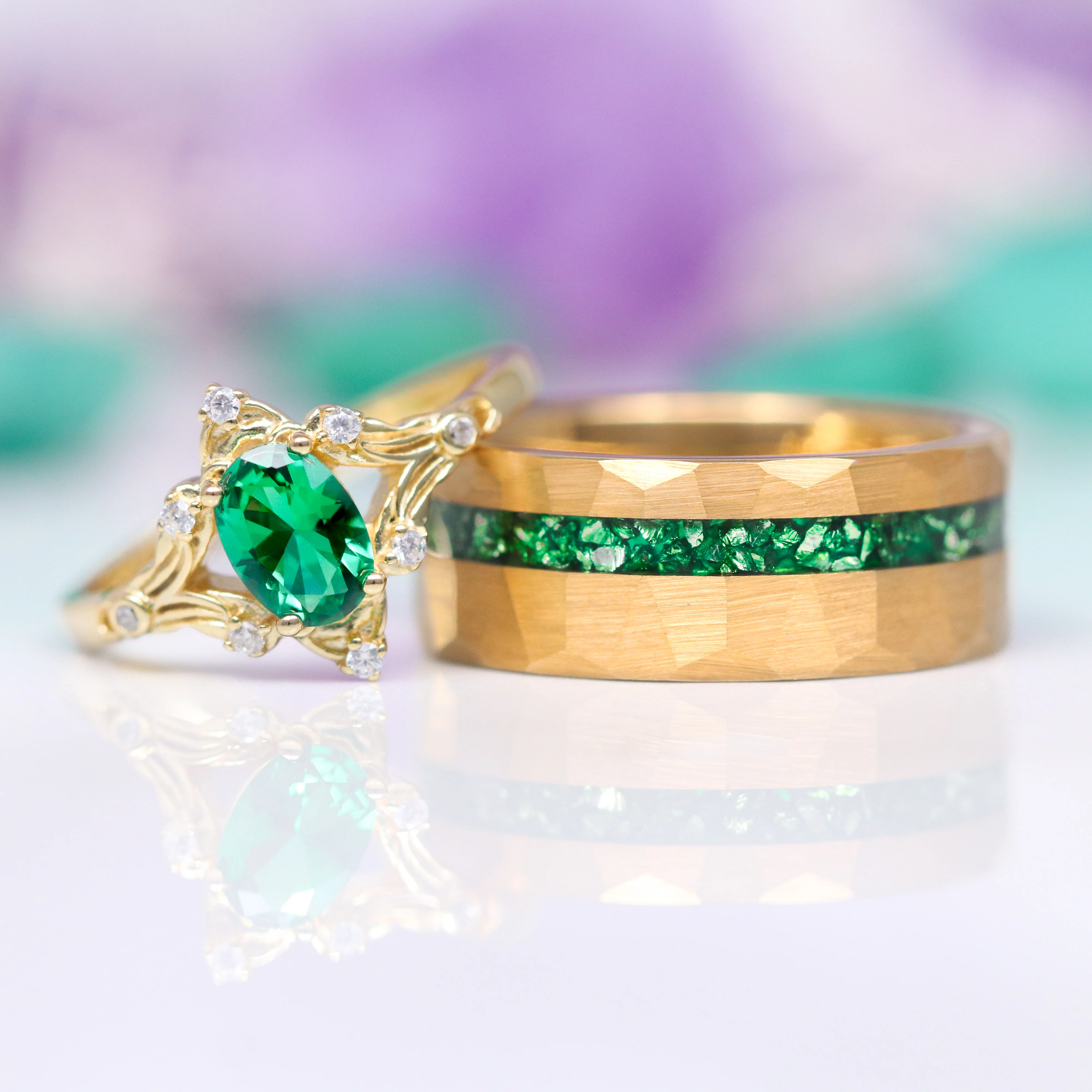 Crushed Emerald Hammered Wedding Band in Gold Tungsten Carbide (8mm) - Image 2