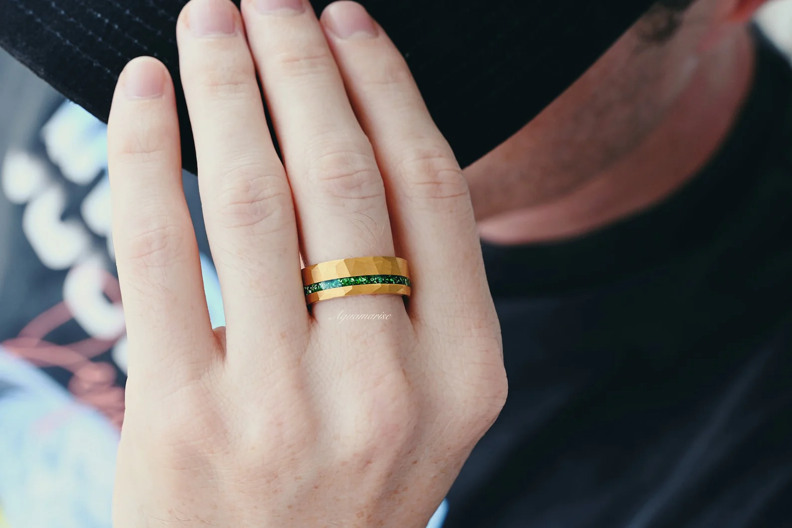 Crushed Emerald Hammered Wedding Band in Gold Tungsten Carbide (8mm) - Image 4