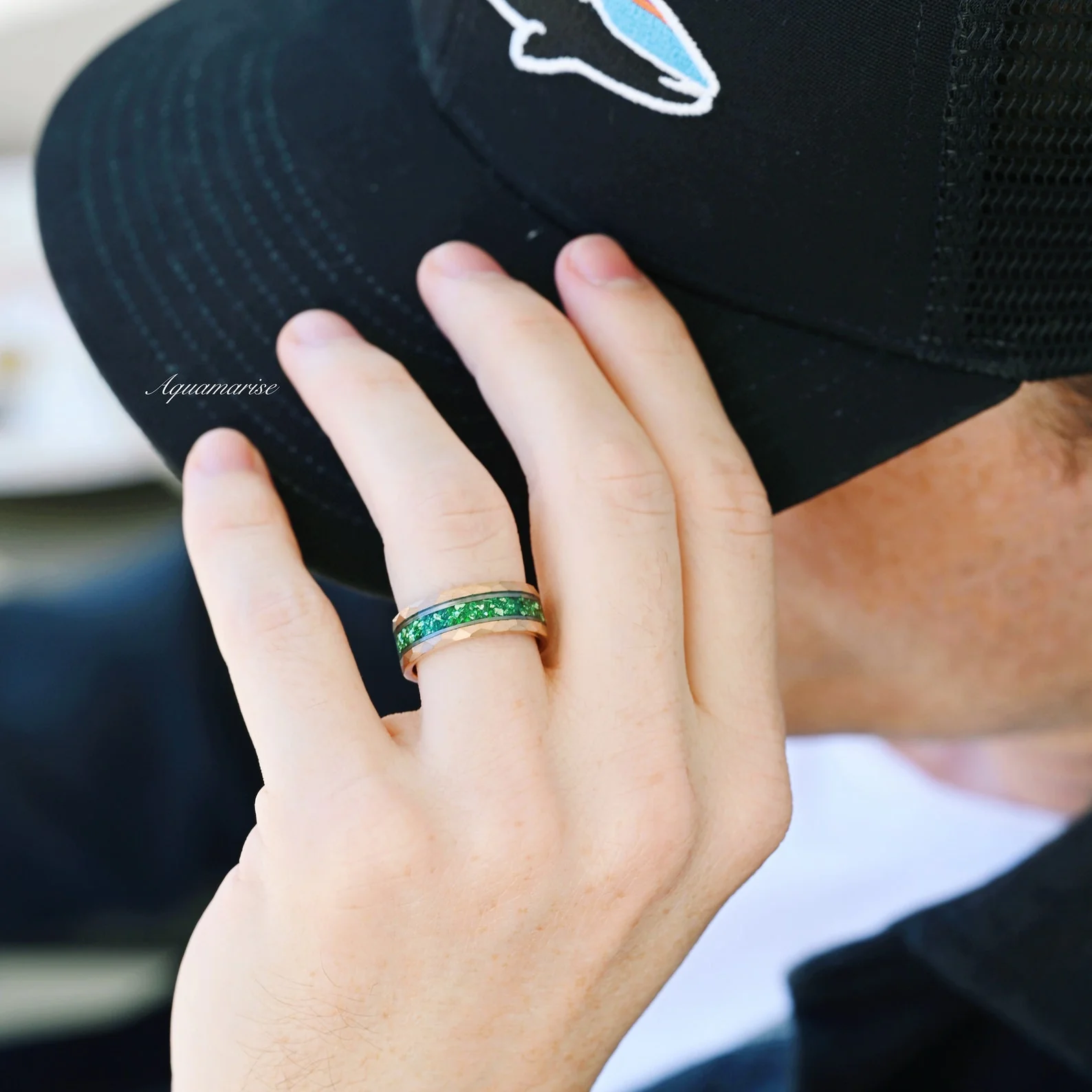 Crushed Emerald Wedding Band in Two-Tone Tungsten Carbide (8mm) - Image 4