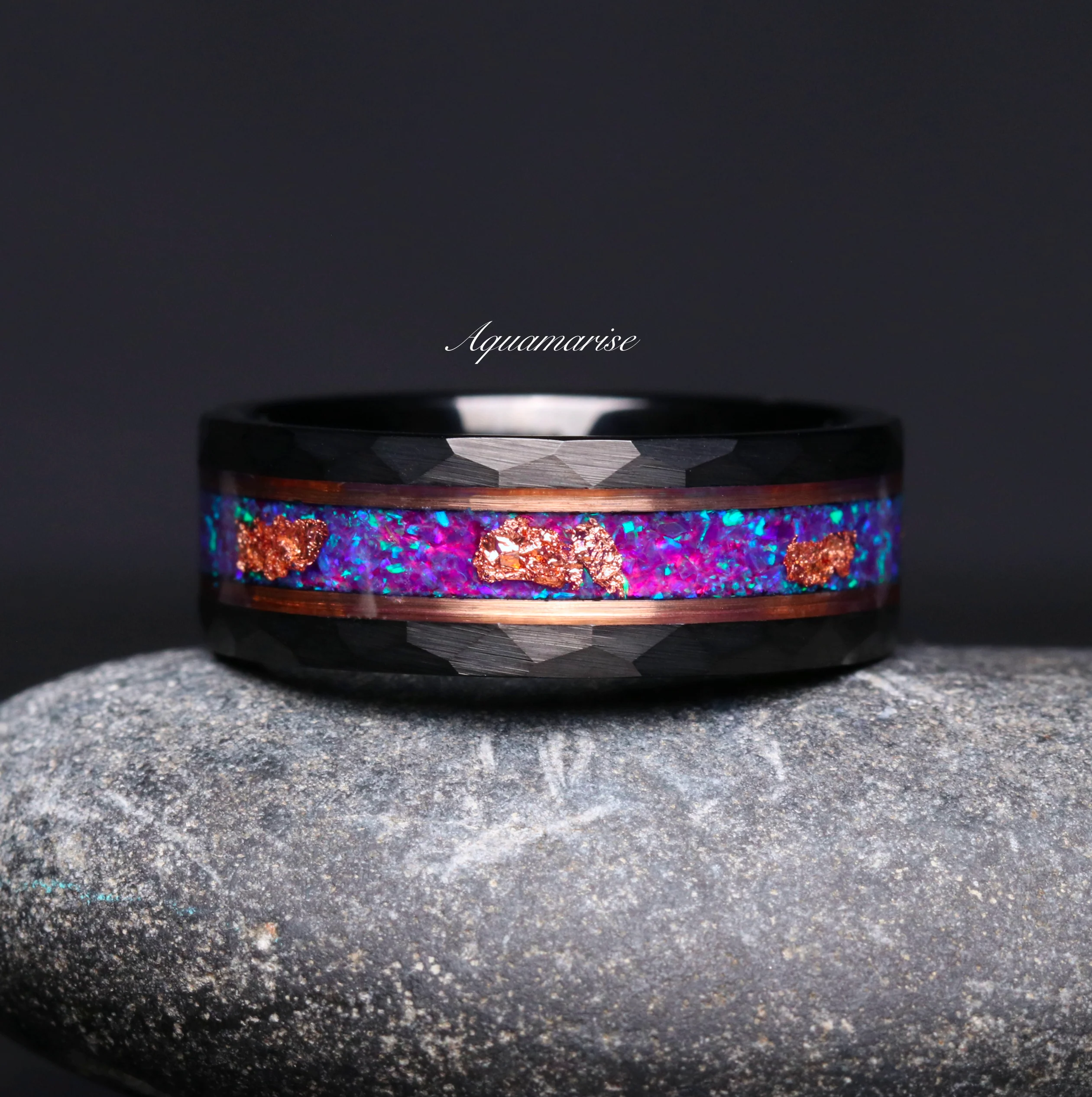 Purple Fire Opal & Rose Gold Leaf Band - 8MM Black Tungsten Carbide - Image 5