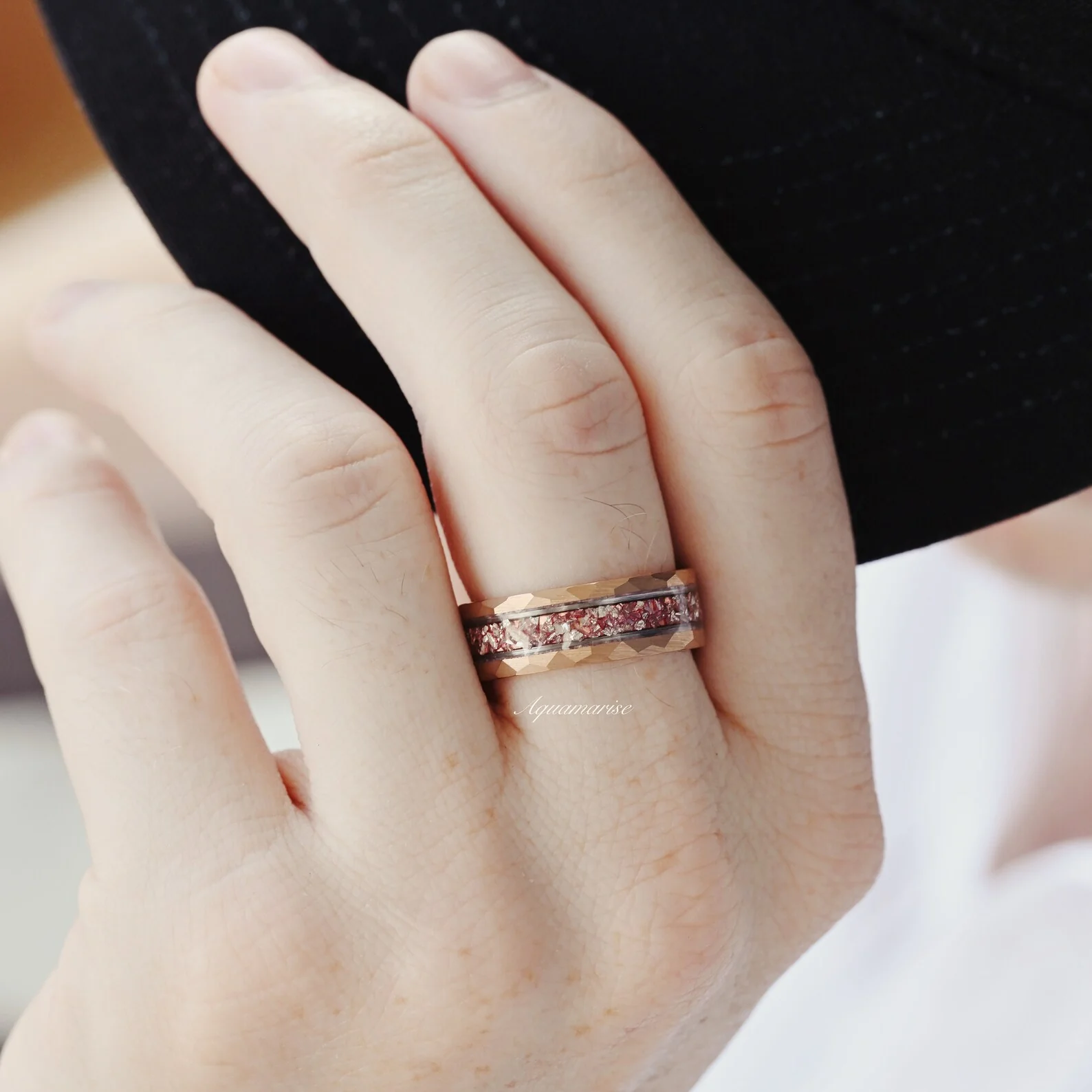 Crushed Morganite Wedding Band in Two-Tone Tungsten Carbide (8mm) - Image 4