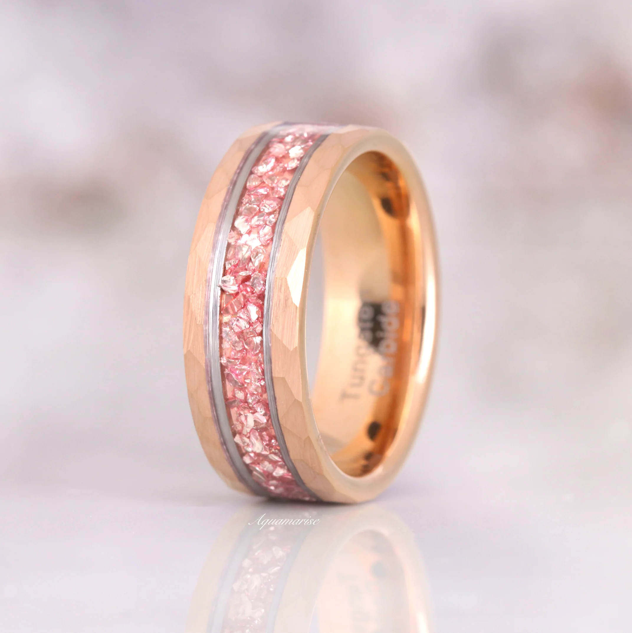 Crushed Morganite Wedding Band in Two-Tone Tungsten Carbide (8mm) - Image 5