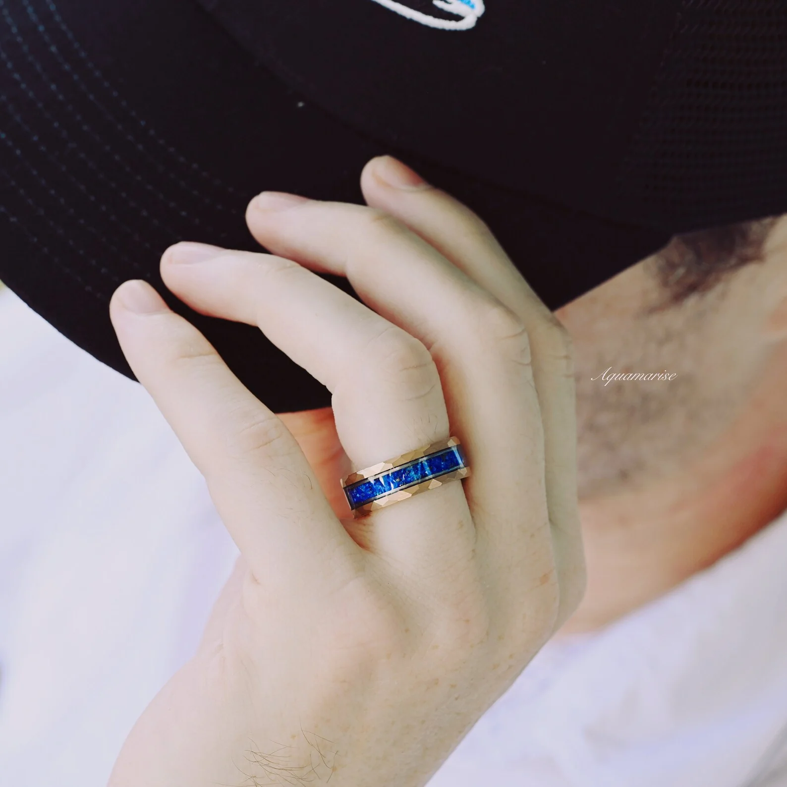 Lapis Lazuli Wedding Band in Two-Tone Tungsten Carbide (8mm) - Image 3